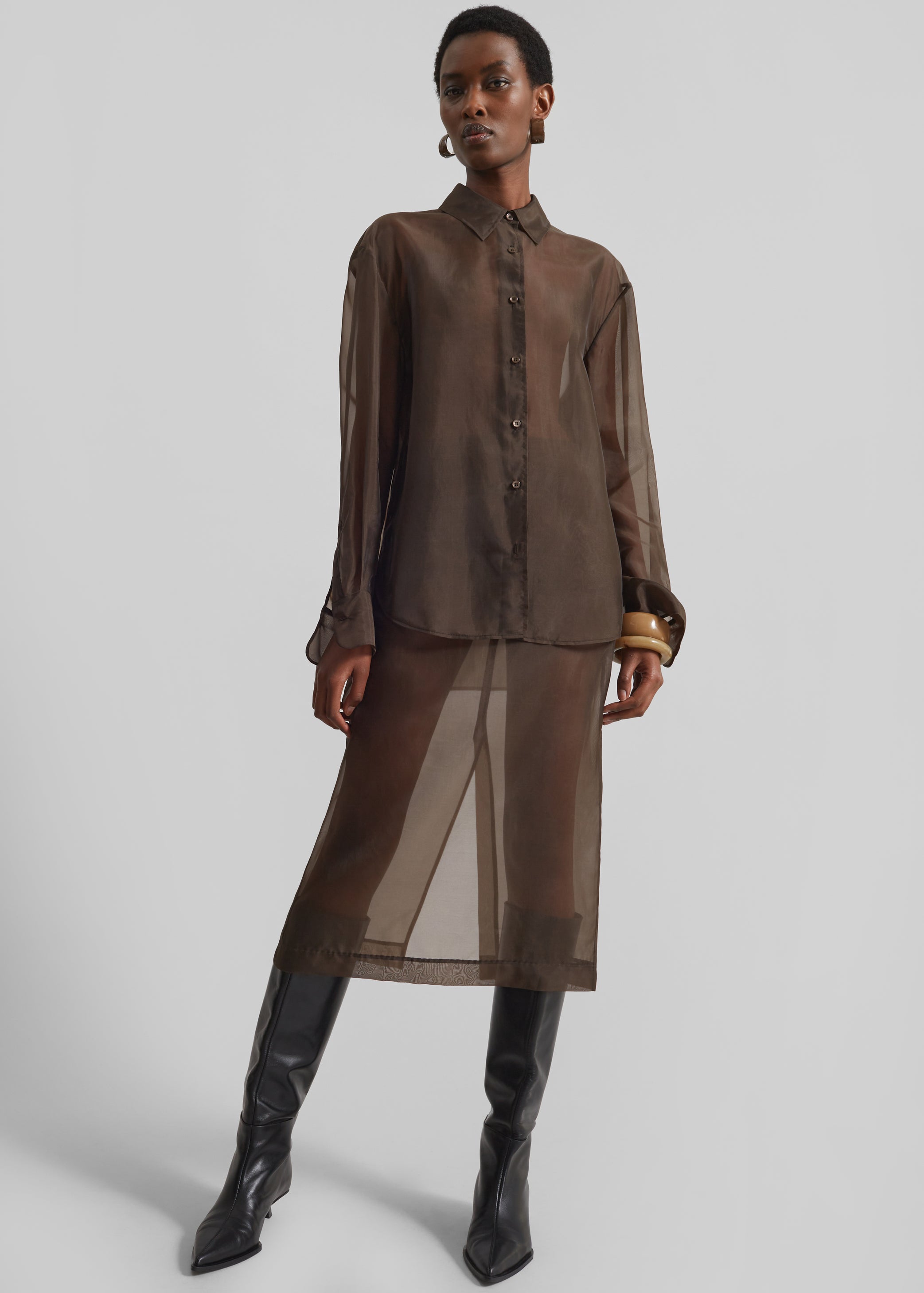 Peri Sheer Midi Skirt - Brown The Frankie Shop Peri Sheer Midi Skirt - Brown The Frankie Shop