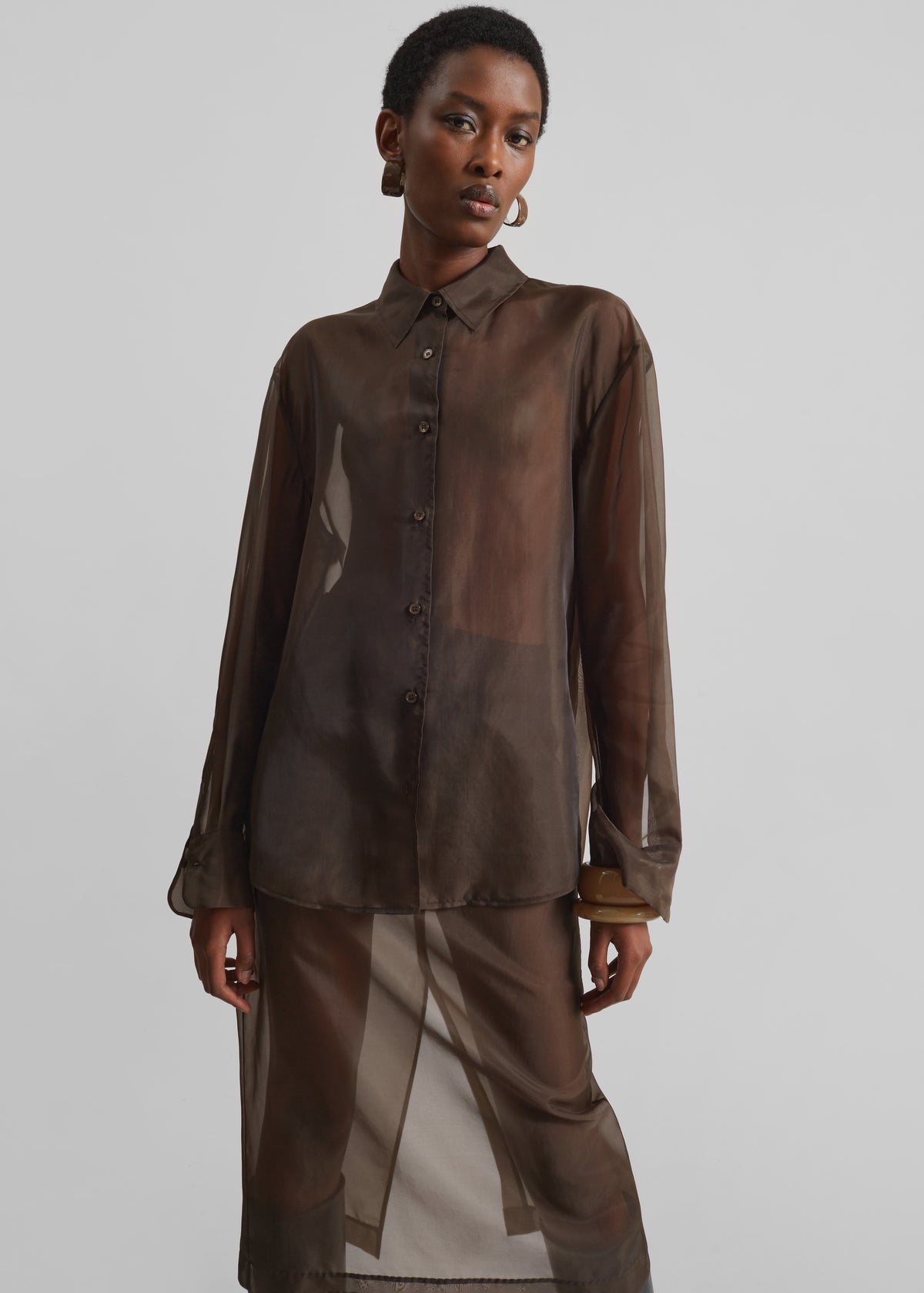 sheer dress shirt Chic Sheer Cream Top - Button-Up Blouse - Dotted Long Sleeve Top