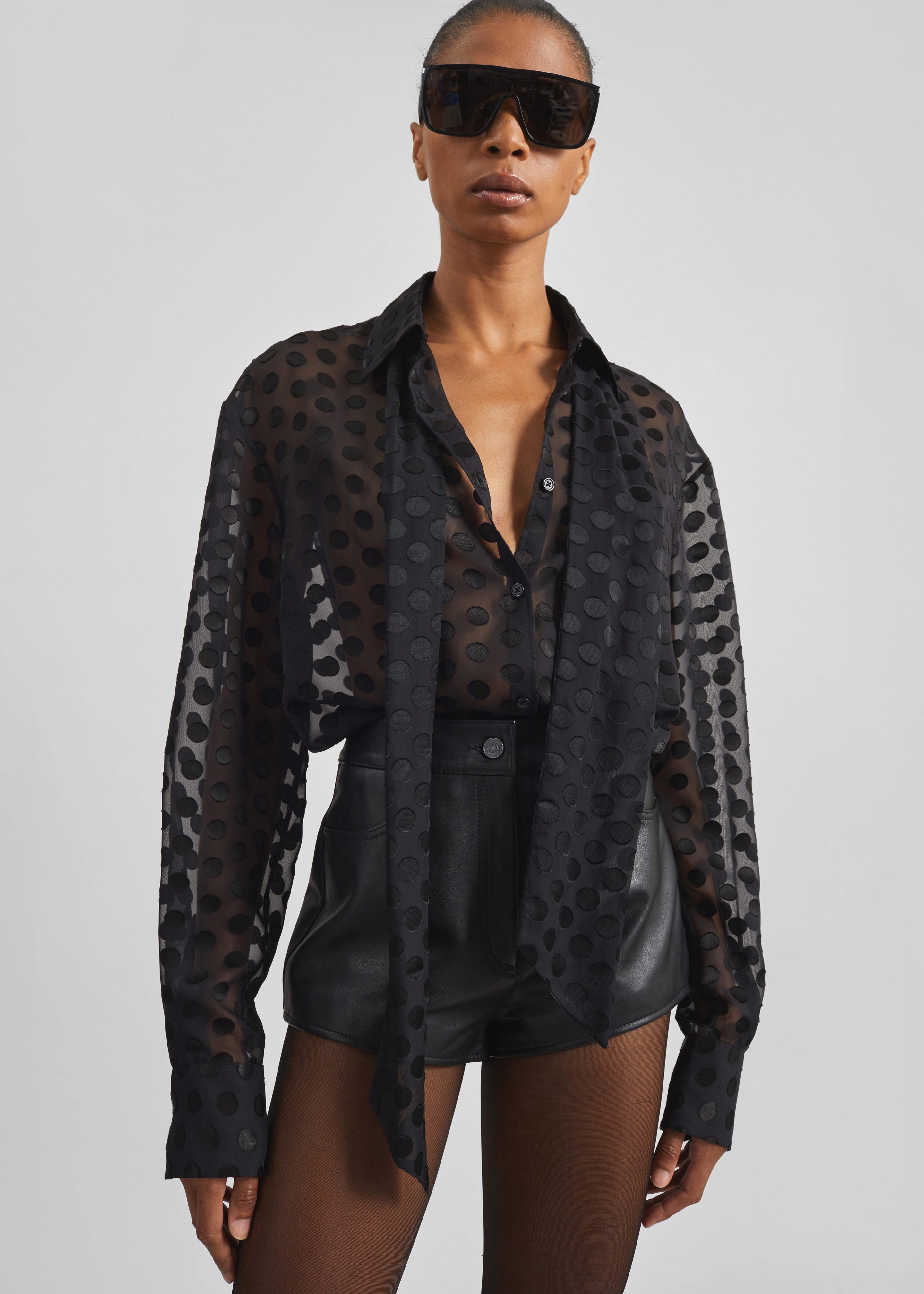 Peri Sheer Tie-Neck Shirt - Black Polka Dot - 1