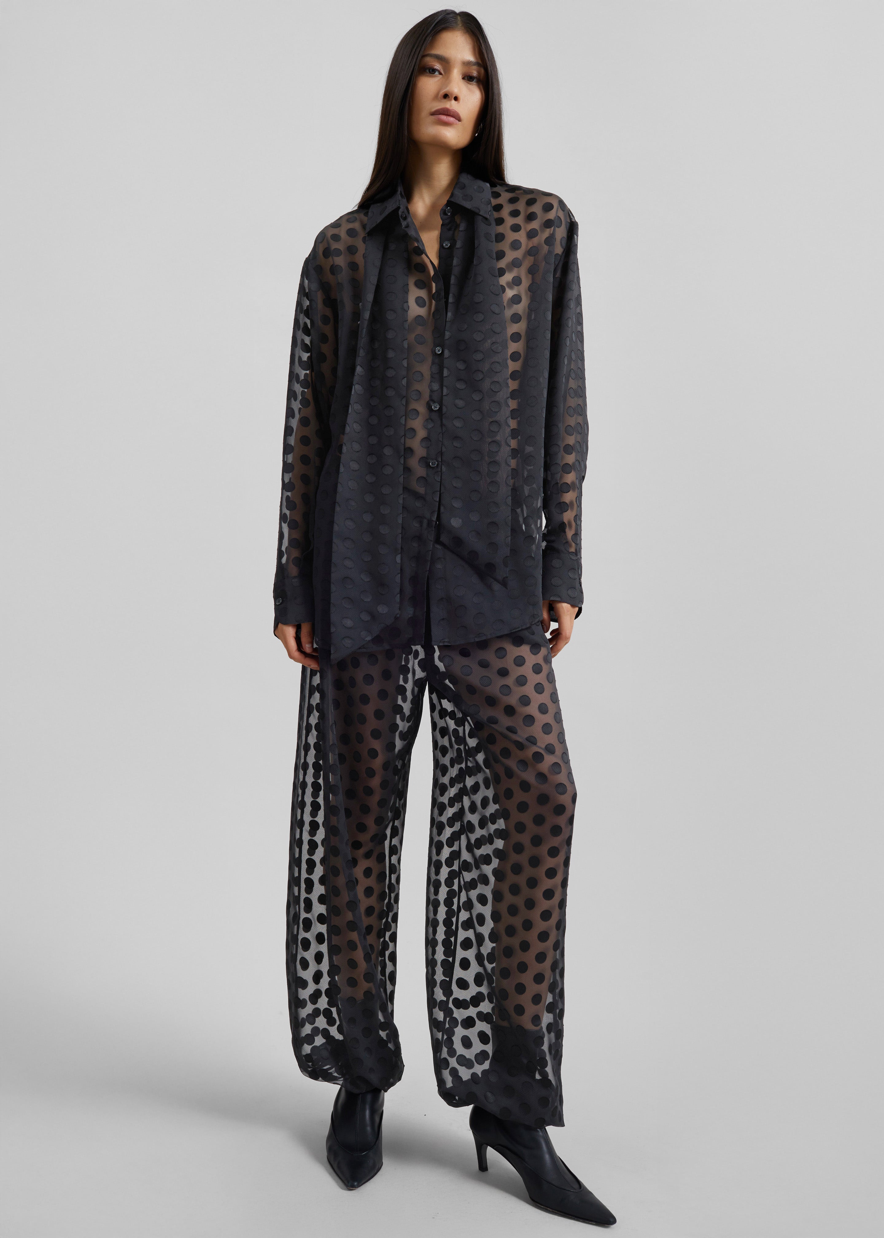 Peri Sheer Tie-Neck Shirt - Black Polka Dot - 3