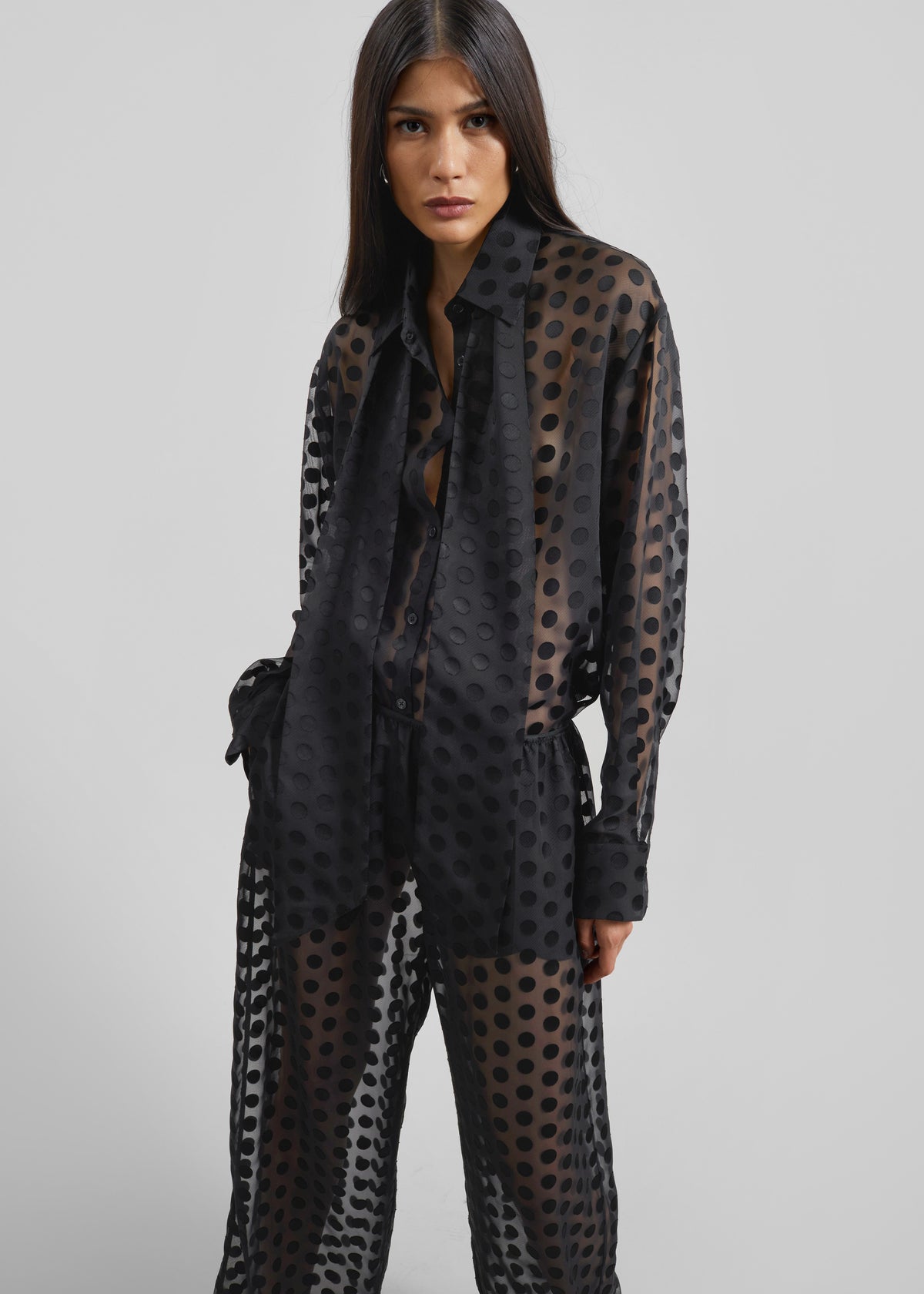 Peri Sheer Tie-Neck Shirt - Black Polka Dot - 9
