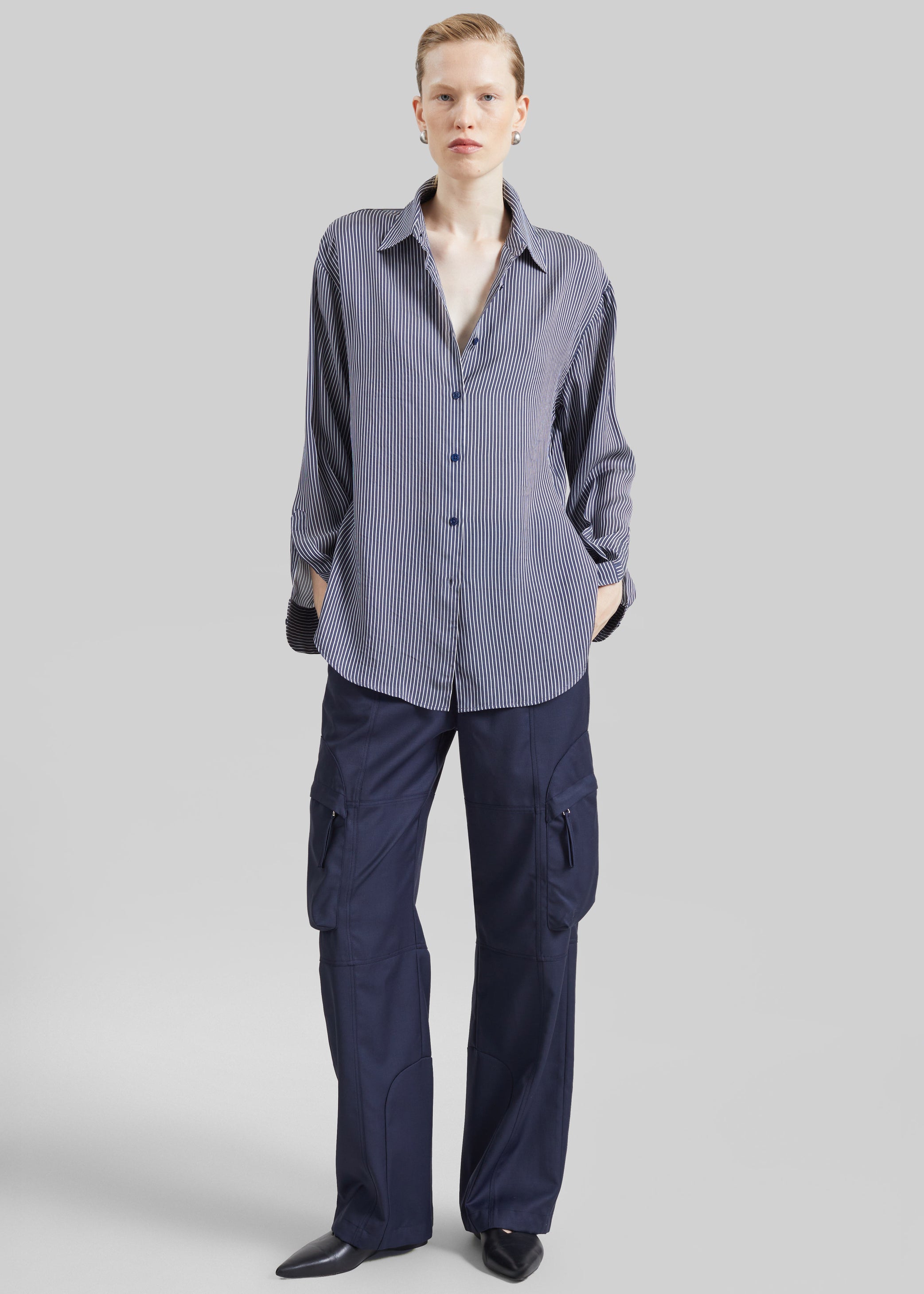 Shop the look image for Peri Silk Shirt - Navy/White Stripe