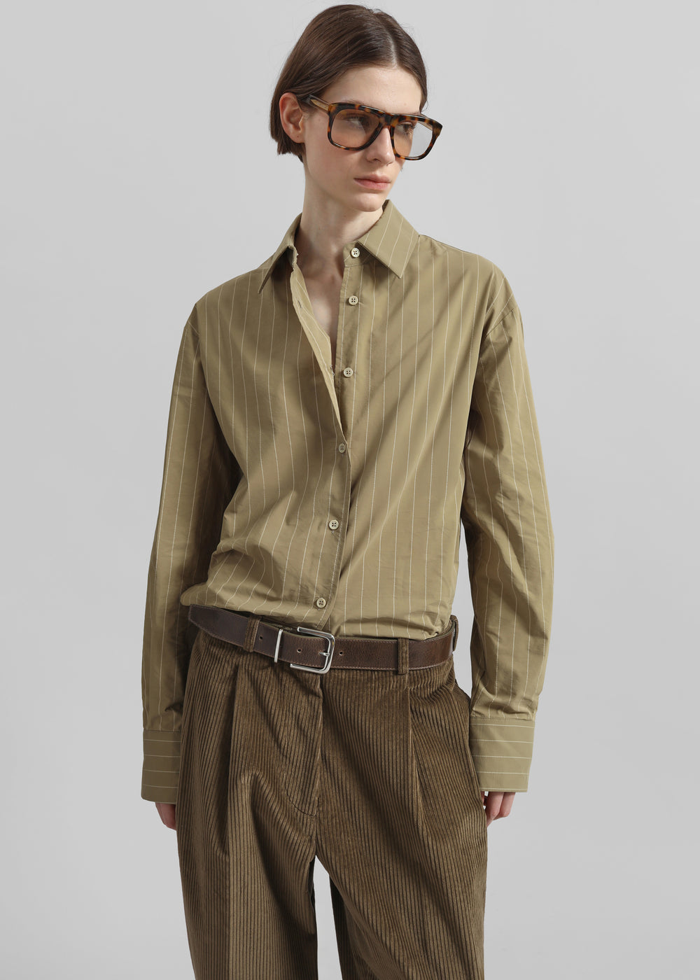Peri Striped Cotton Shirt - Olive/White Stripe
