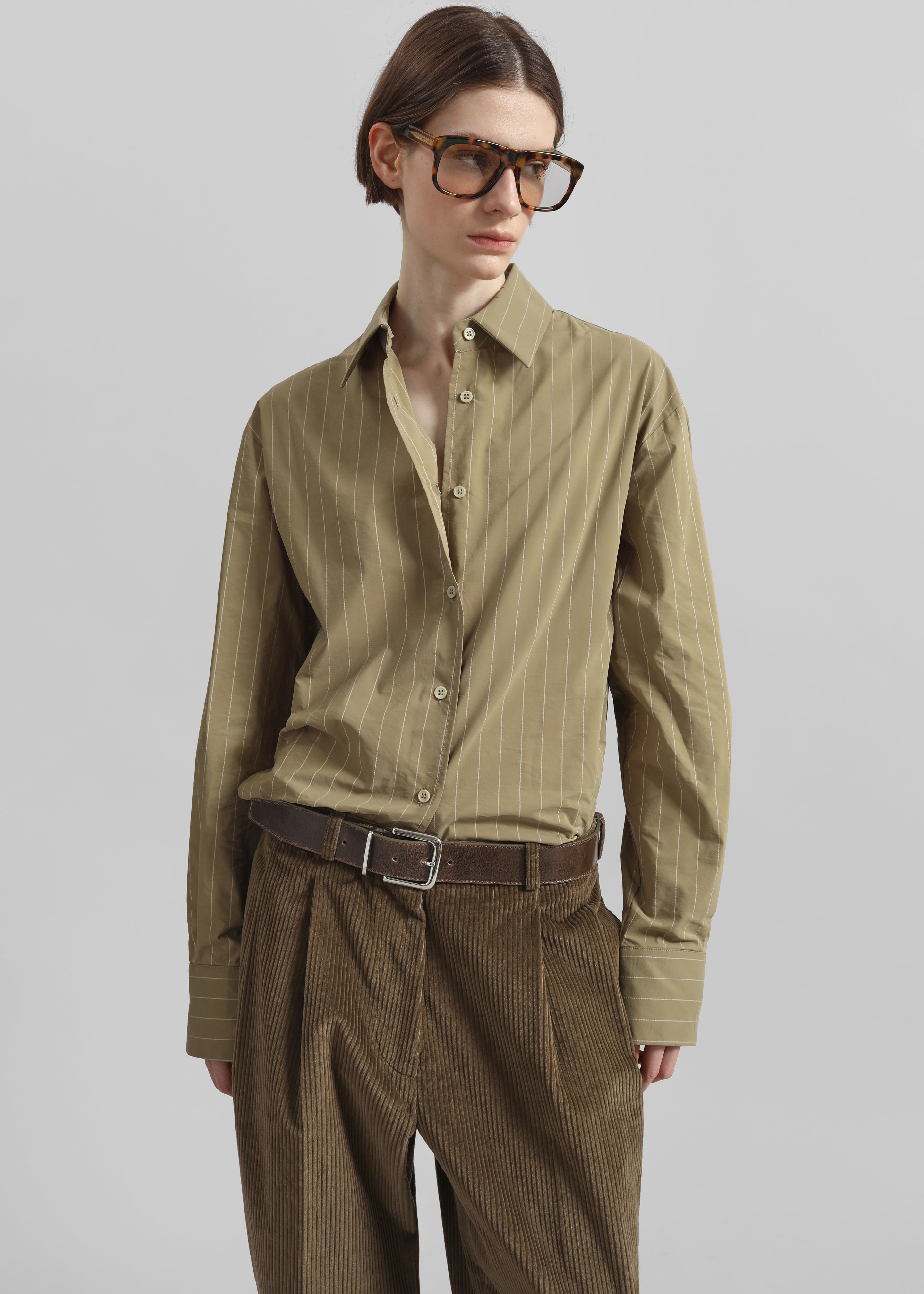 Peri Striped Cotton Shirt - Olive/White Stripe - 1
