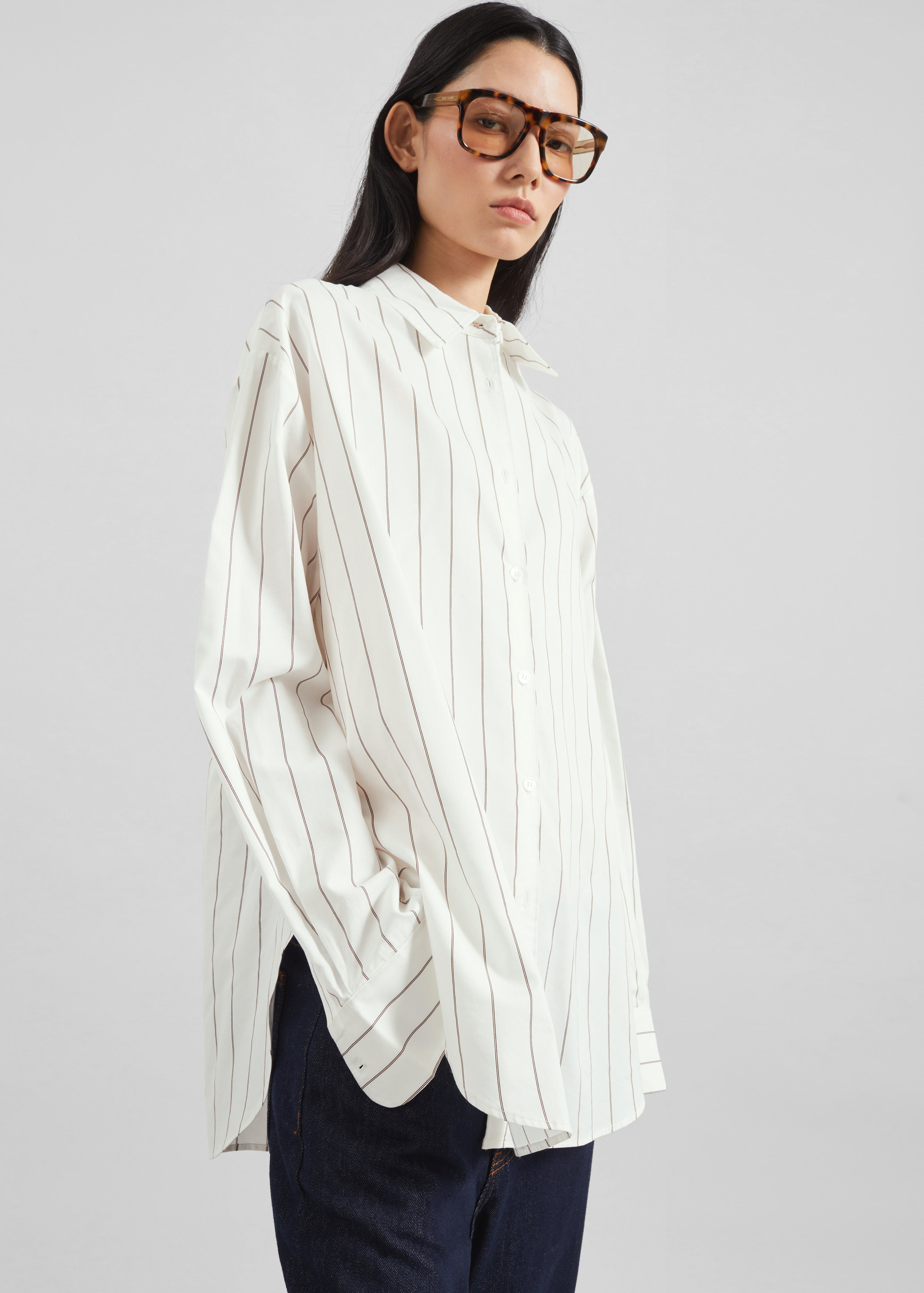 Peri Striped Cotton Shirt - White/Brown Stripe - 4