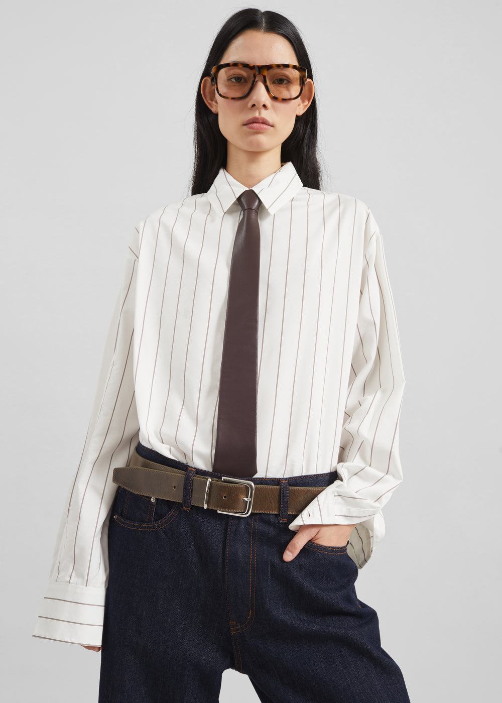 Peri Striped Cotton Shirt - White/Brown Stripe