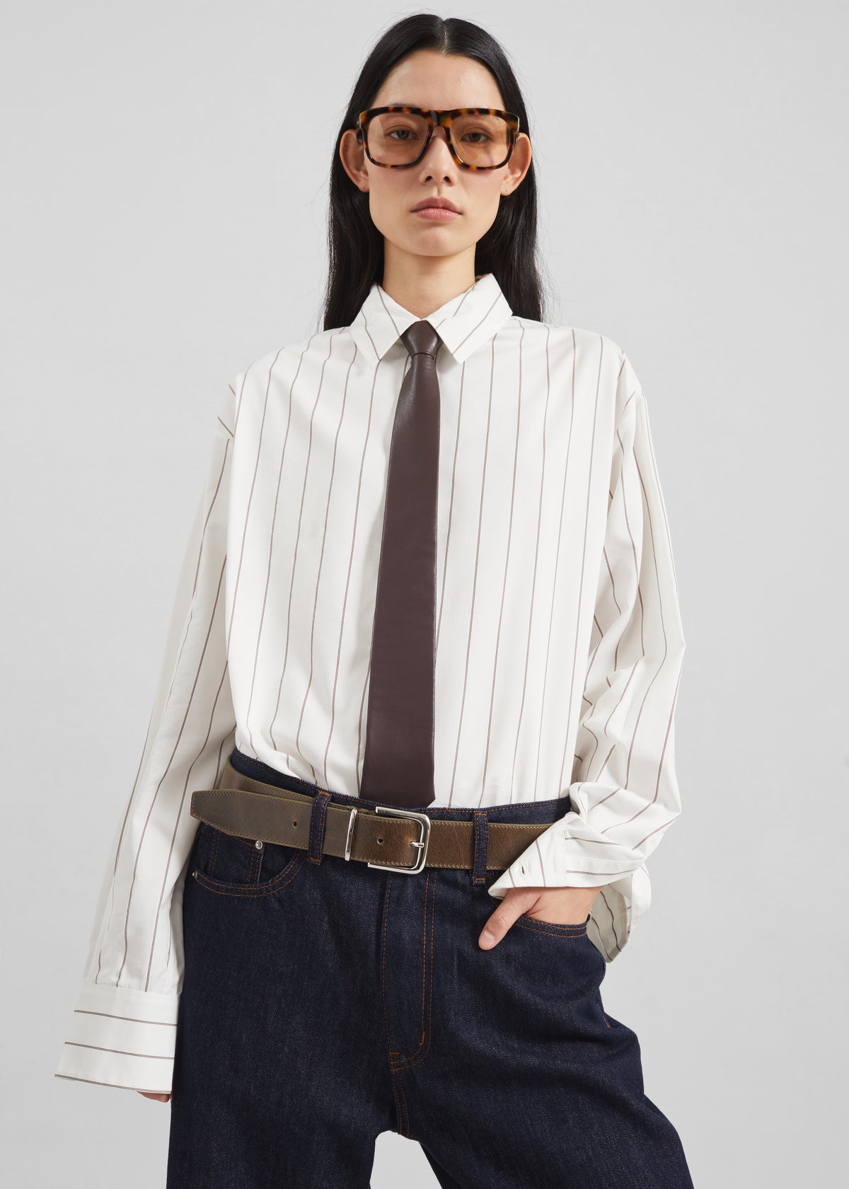 Peri Striped Cotton Shirt - White/Brown Stripe - 1