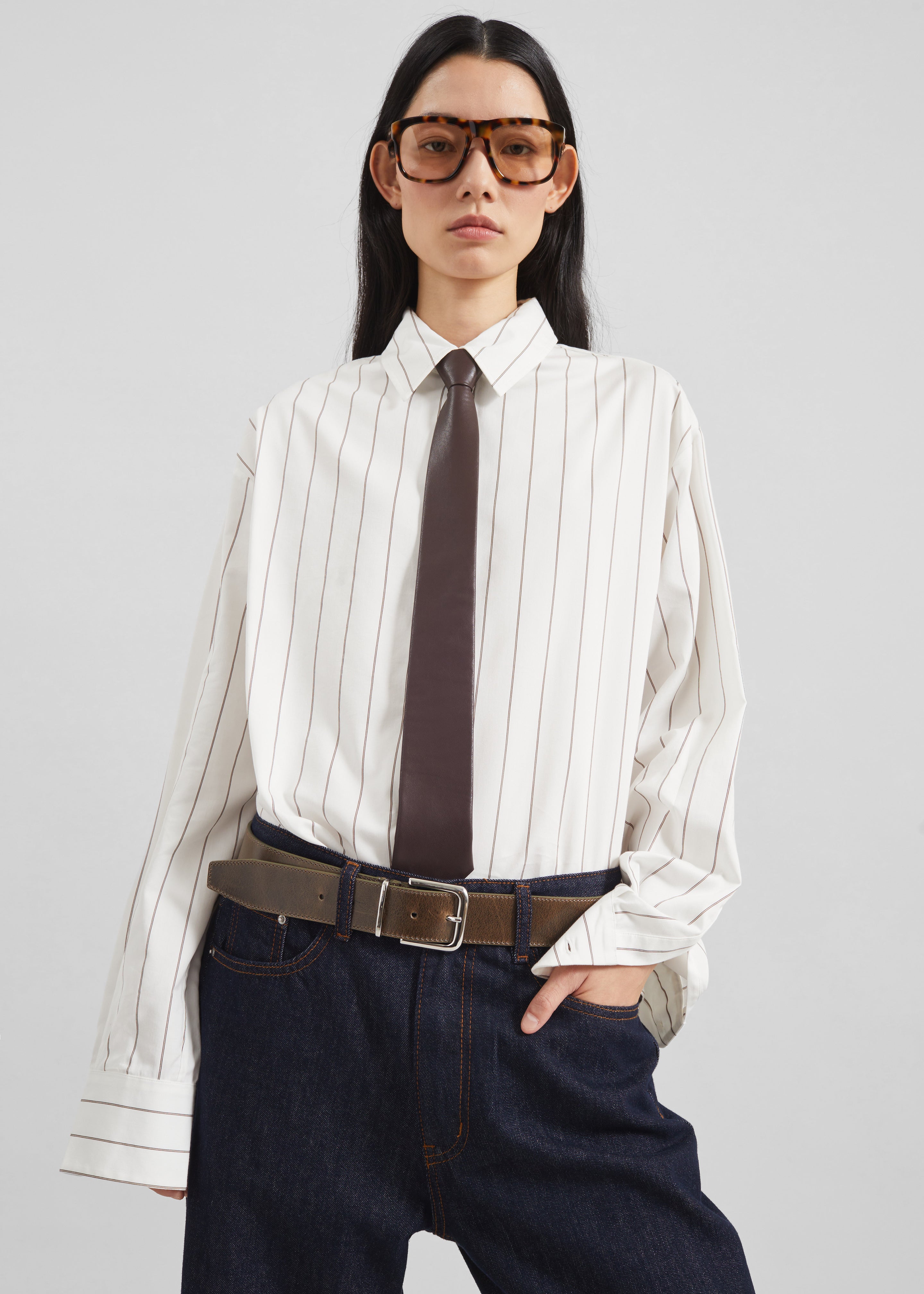 Peri Striped Cotton Shirt - White/Brown Stripe - 1