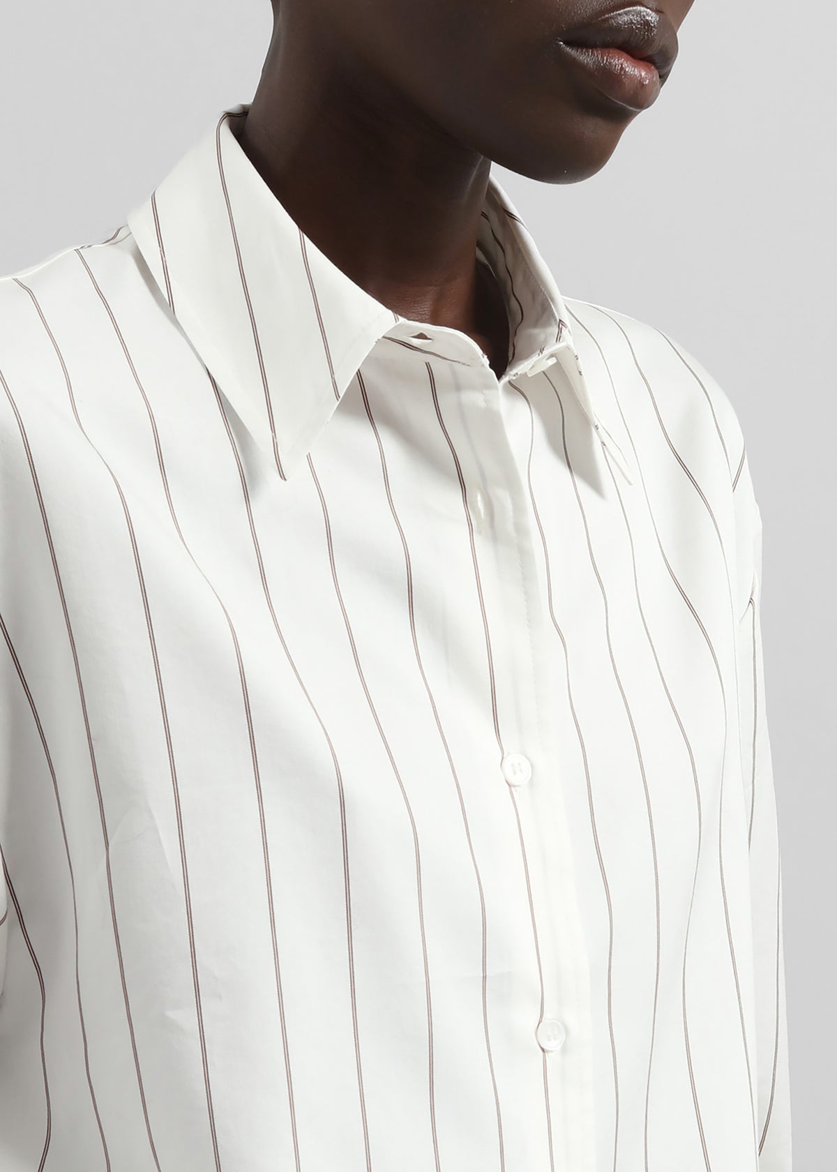 white dress shirt with brown buttons Amelia Poplin Shirt in Brown & White Stripes