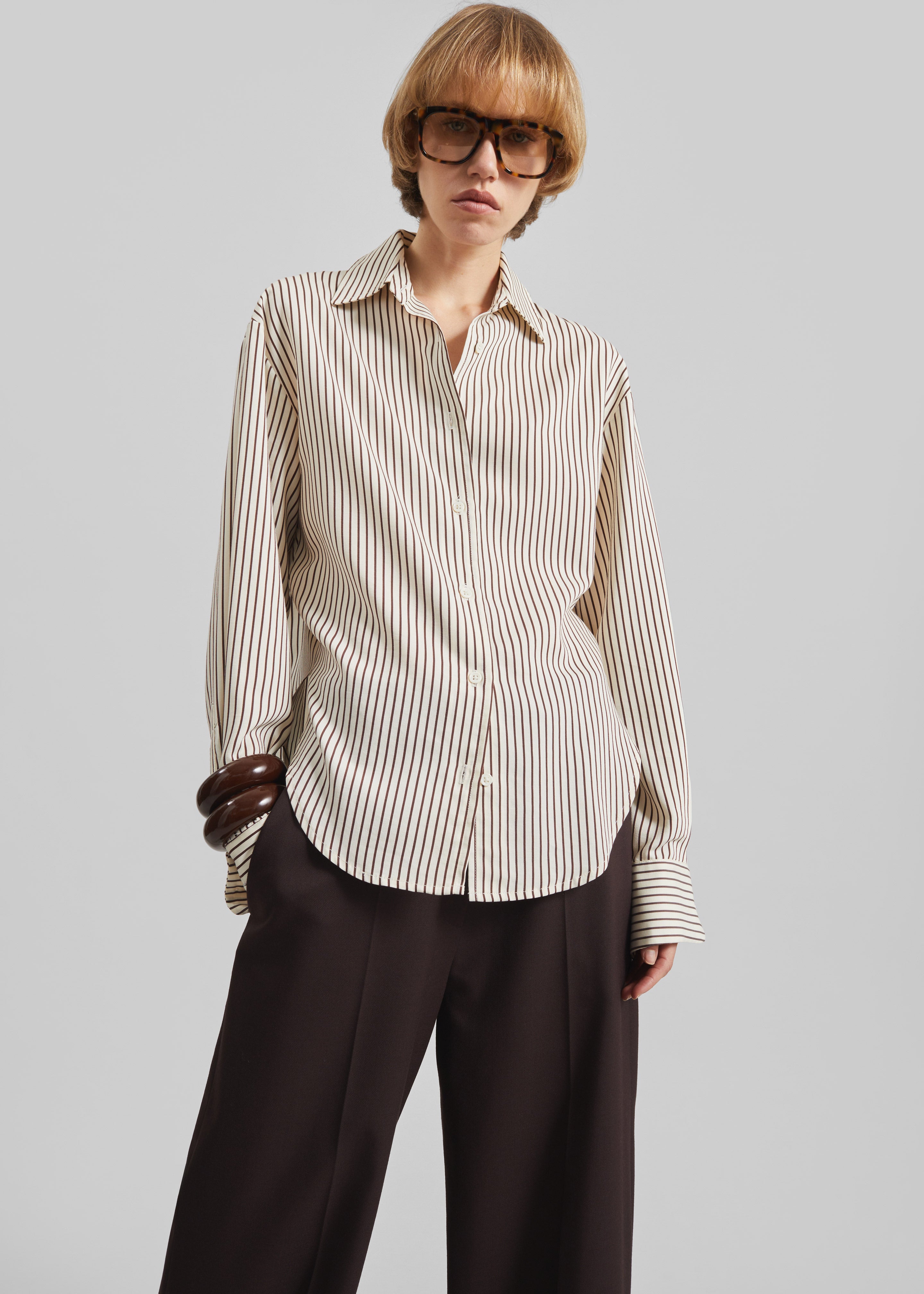 Peri Striped Fluid Shirt - Beige/Brown - 6