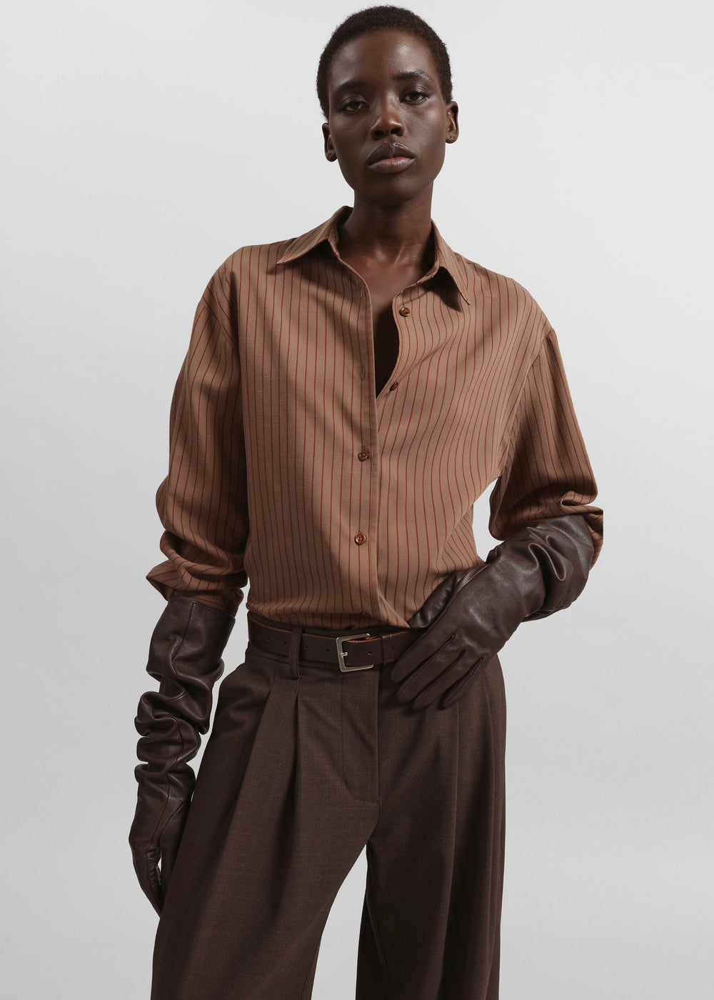 Peri Striped Fluid Shirt - Mocha/Burgundy