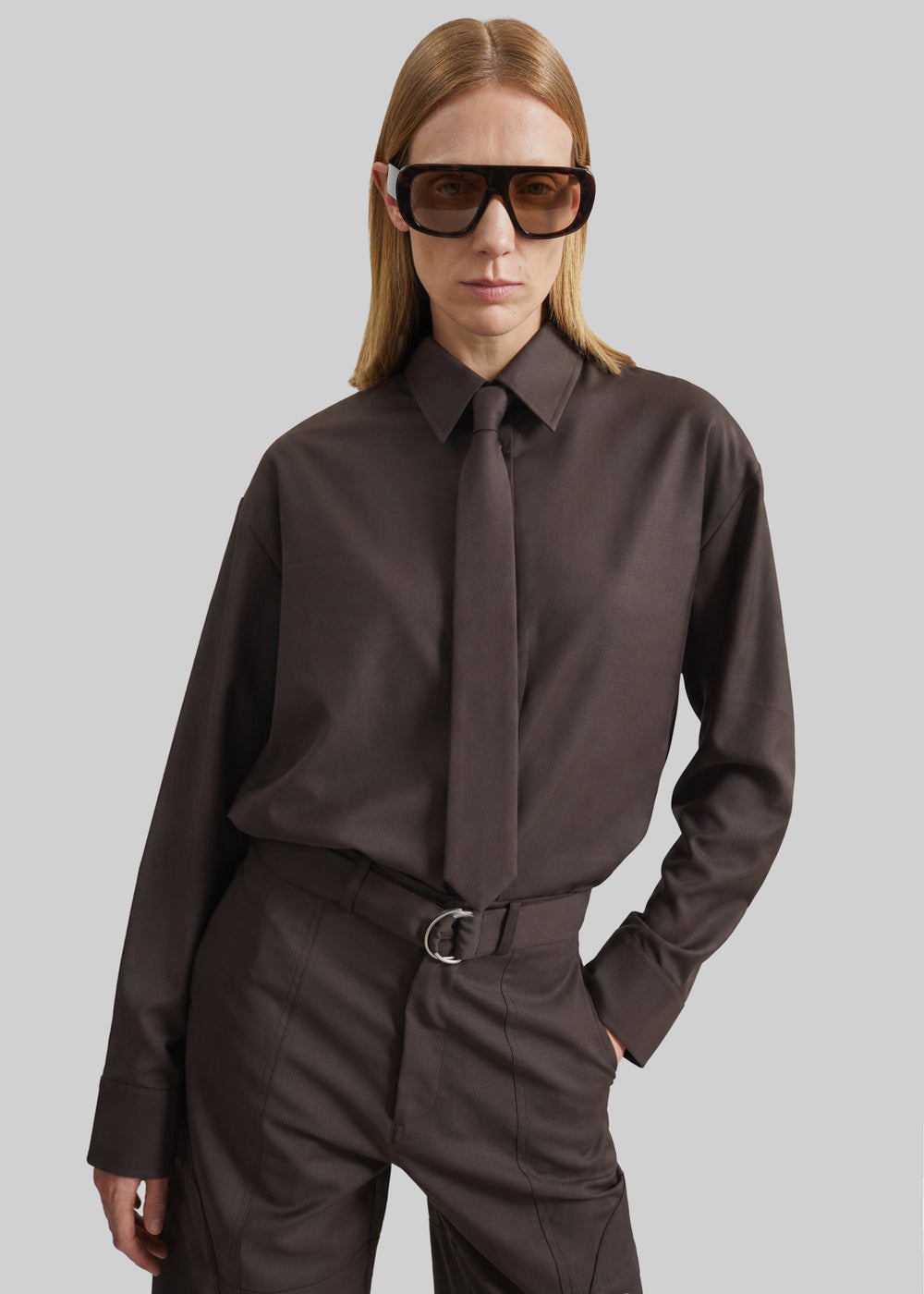 Peri Tie Neck Shirt - Brown - 1