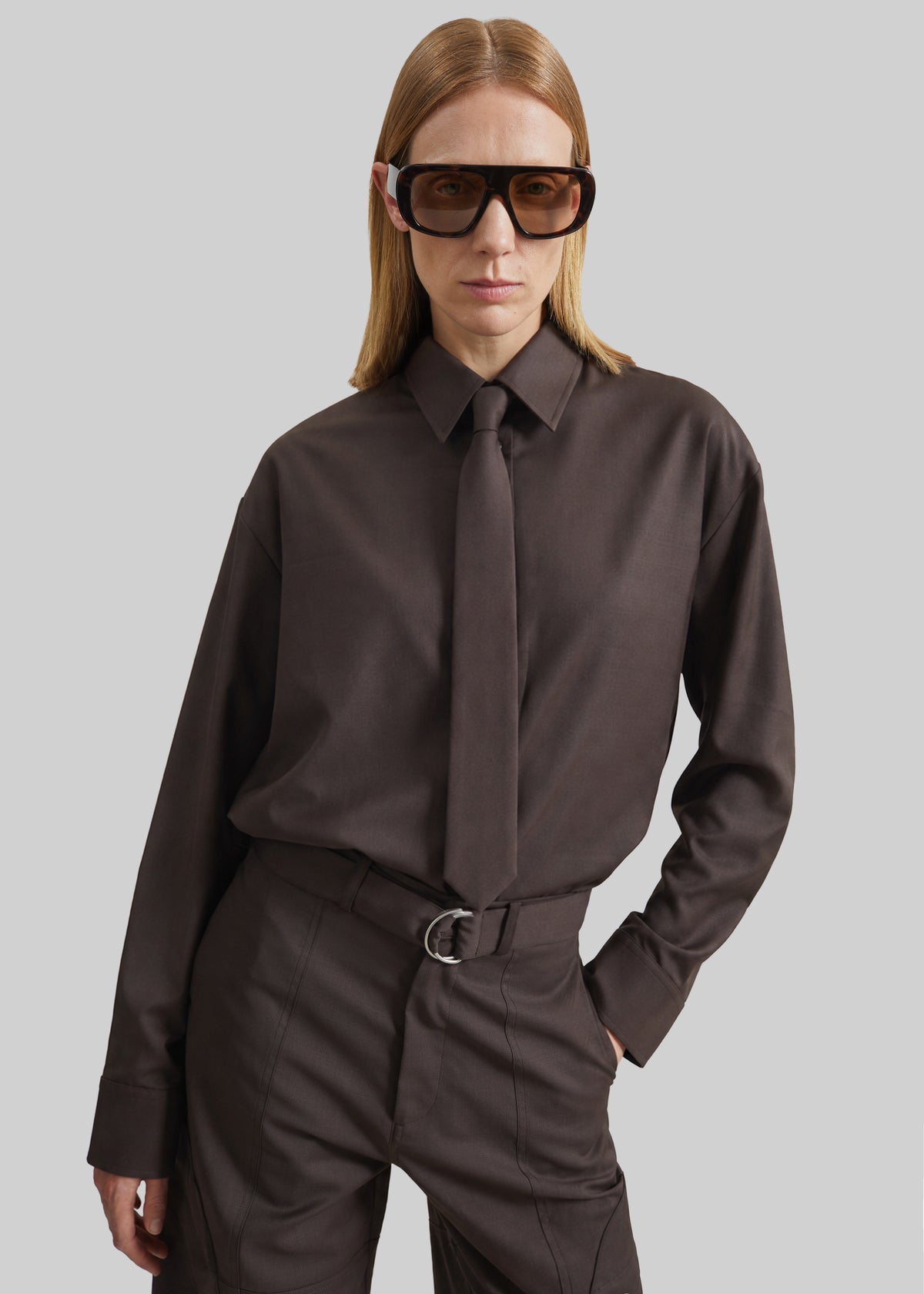 Peri Tie Neck Shirt - Brown - 2