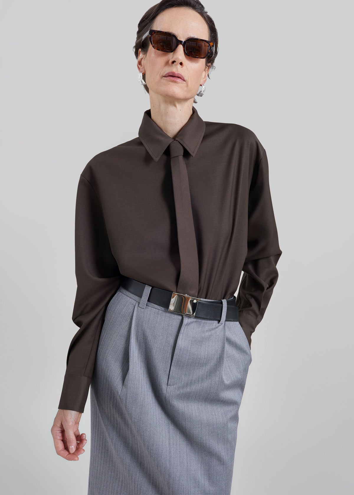 Peri Tie Neck Shirt - Brown