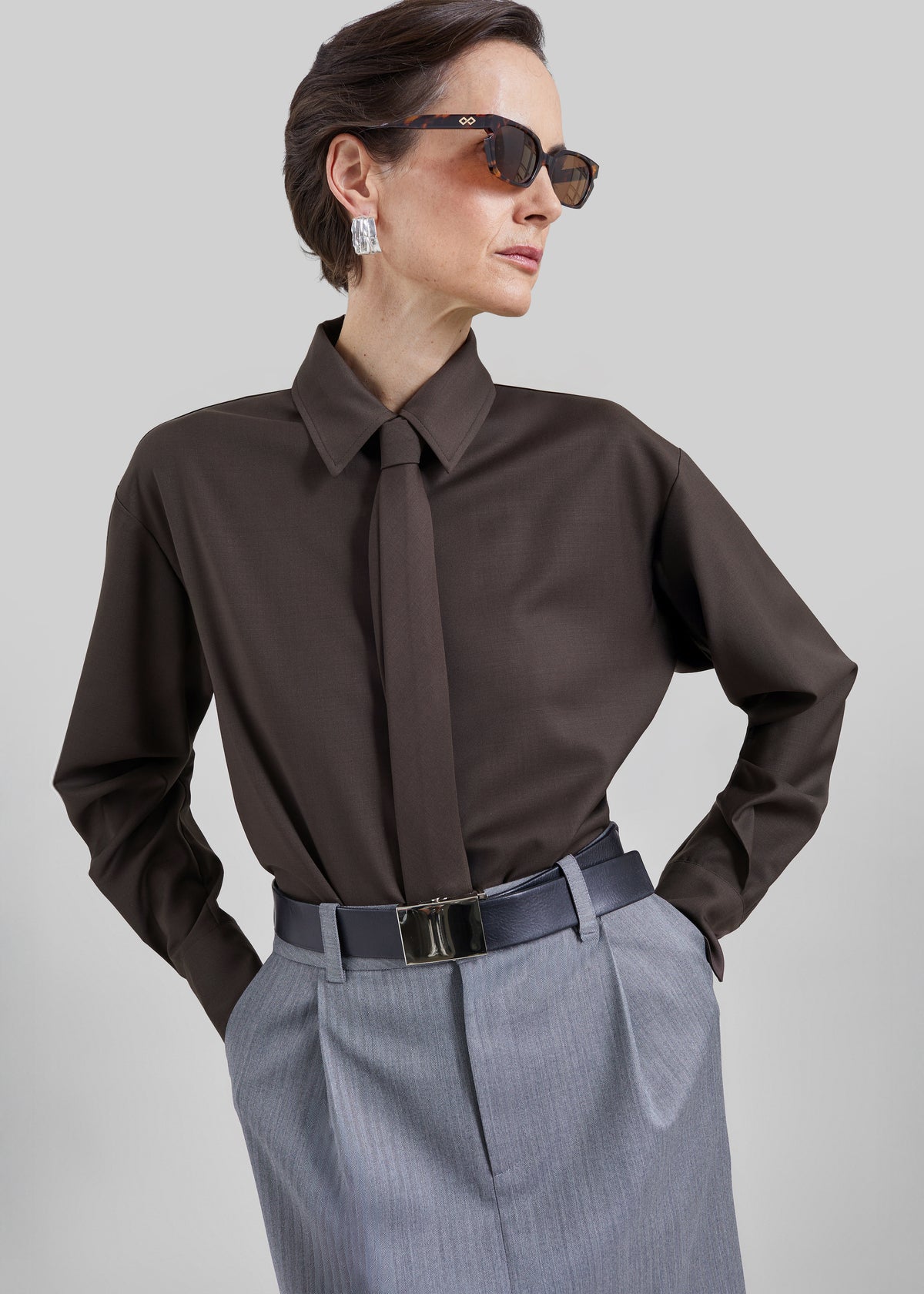 Peri Tie Neck Shirt - Brown