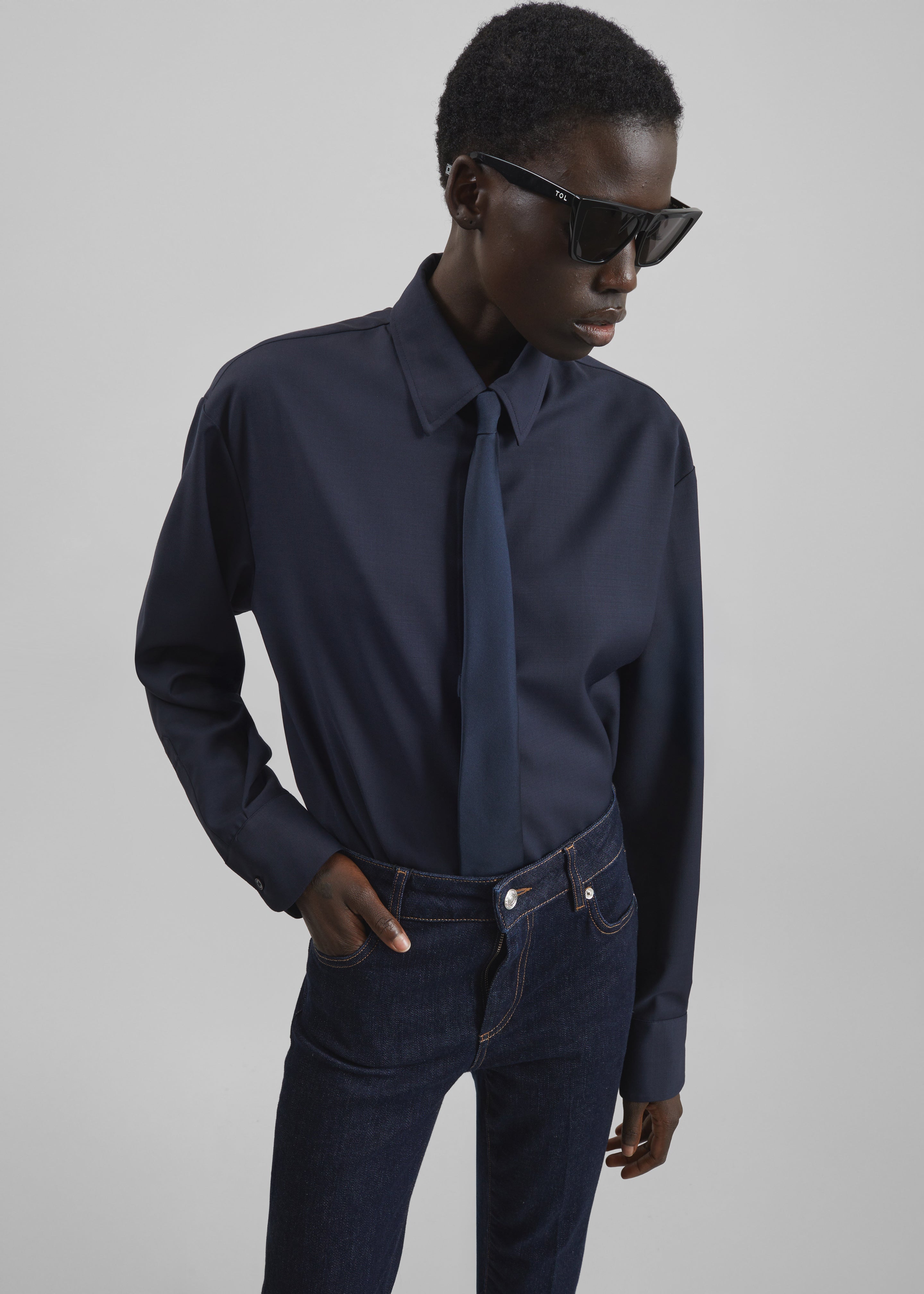 Peri Tie Neck Shirt - Navy - 1