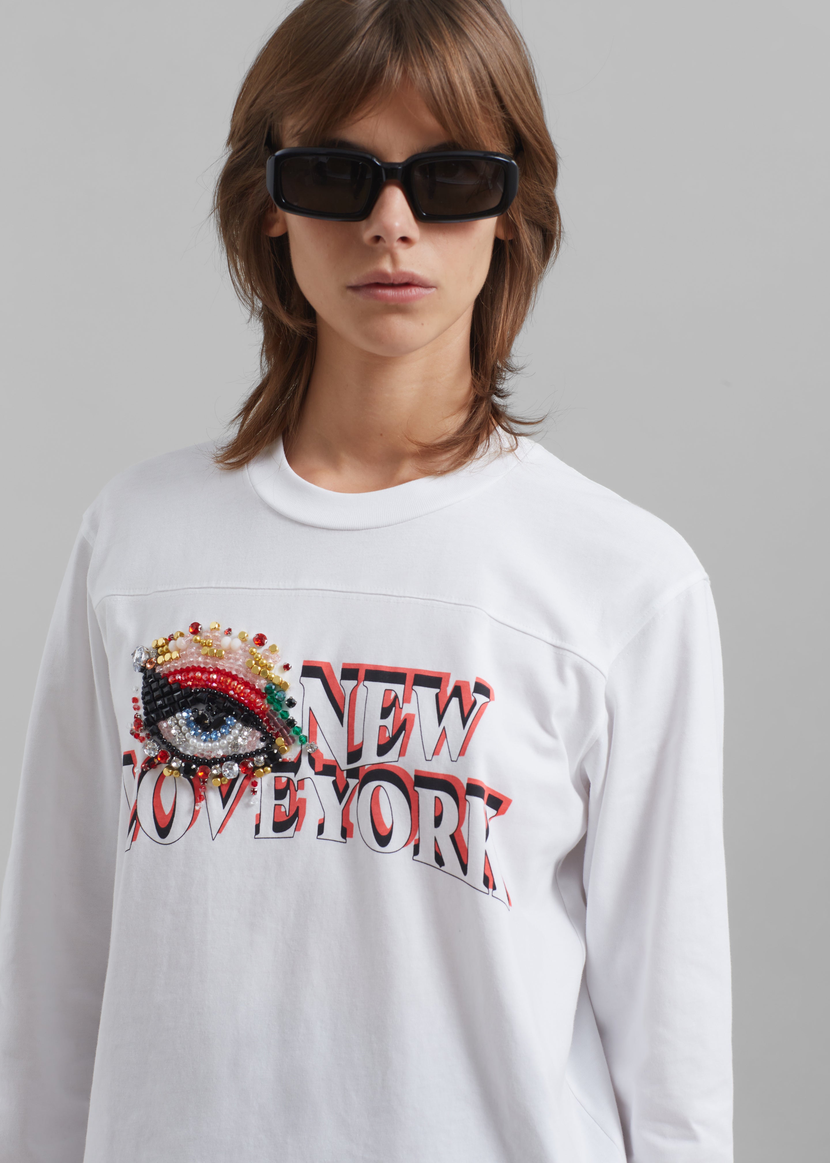 3.1 Phillip Lim Eye Love NY Embroidered Long Sleeve Relaxed Tee - White - 4