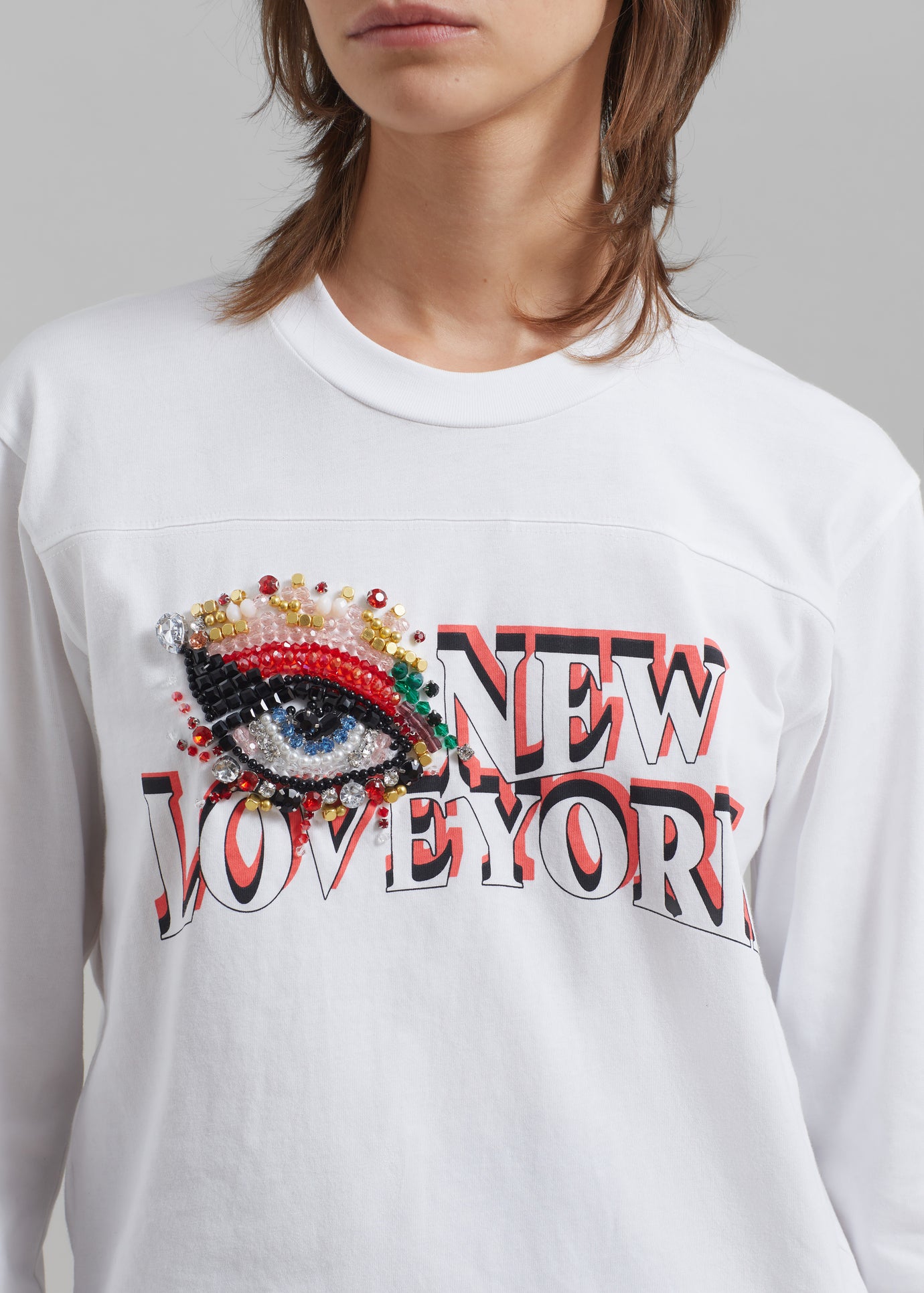 3.1 Phillip Lim Eye Love NY Embroidered Long Sleeve Relaxed Tee - White - 1