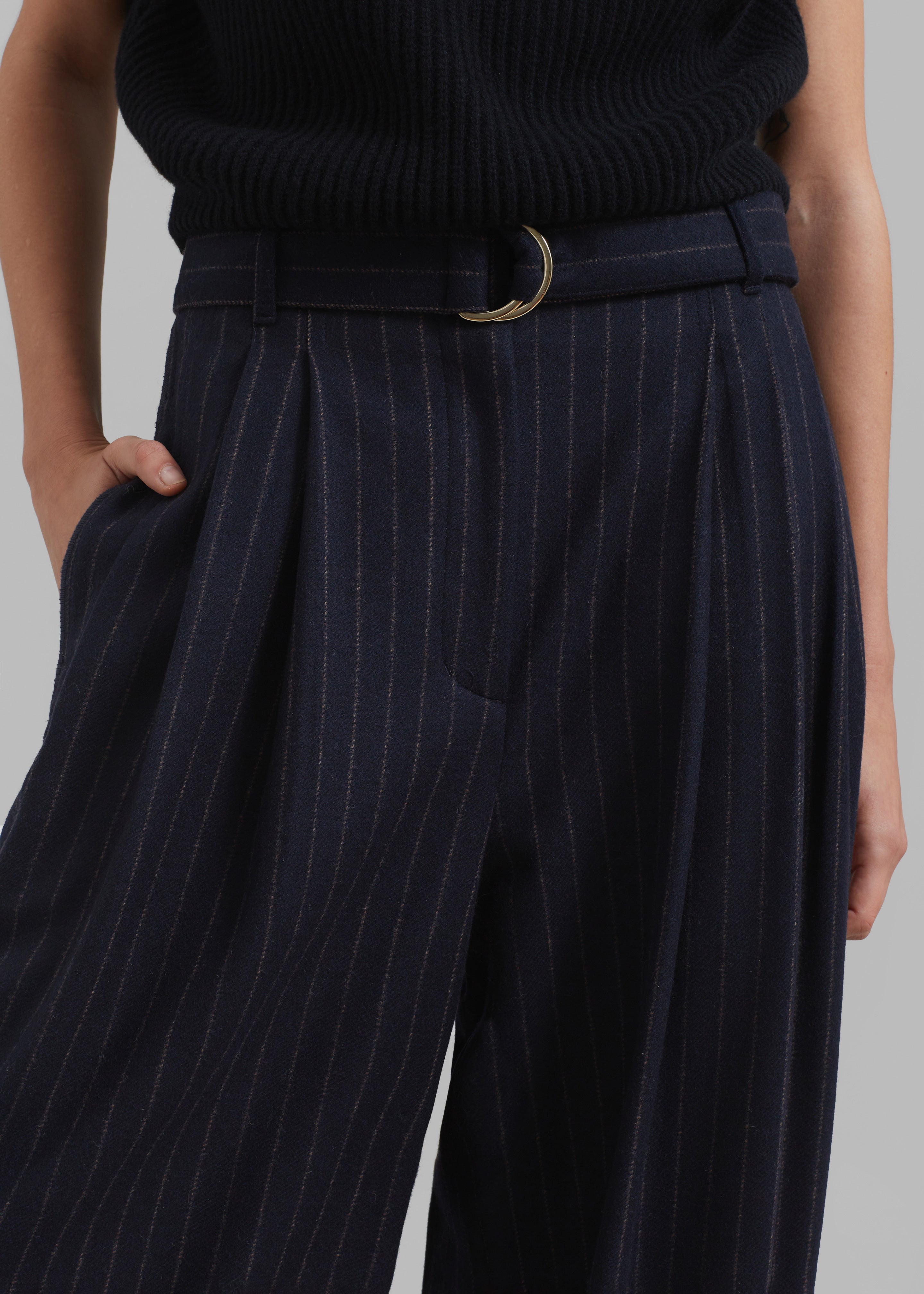 3.1 Phillip Lim Flannel Oversized Pleated Belted Pants - Midnight Khaki  Stripe