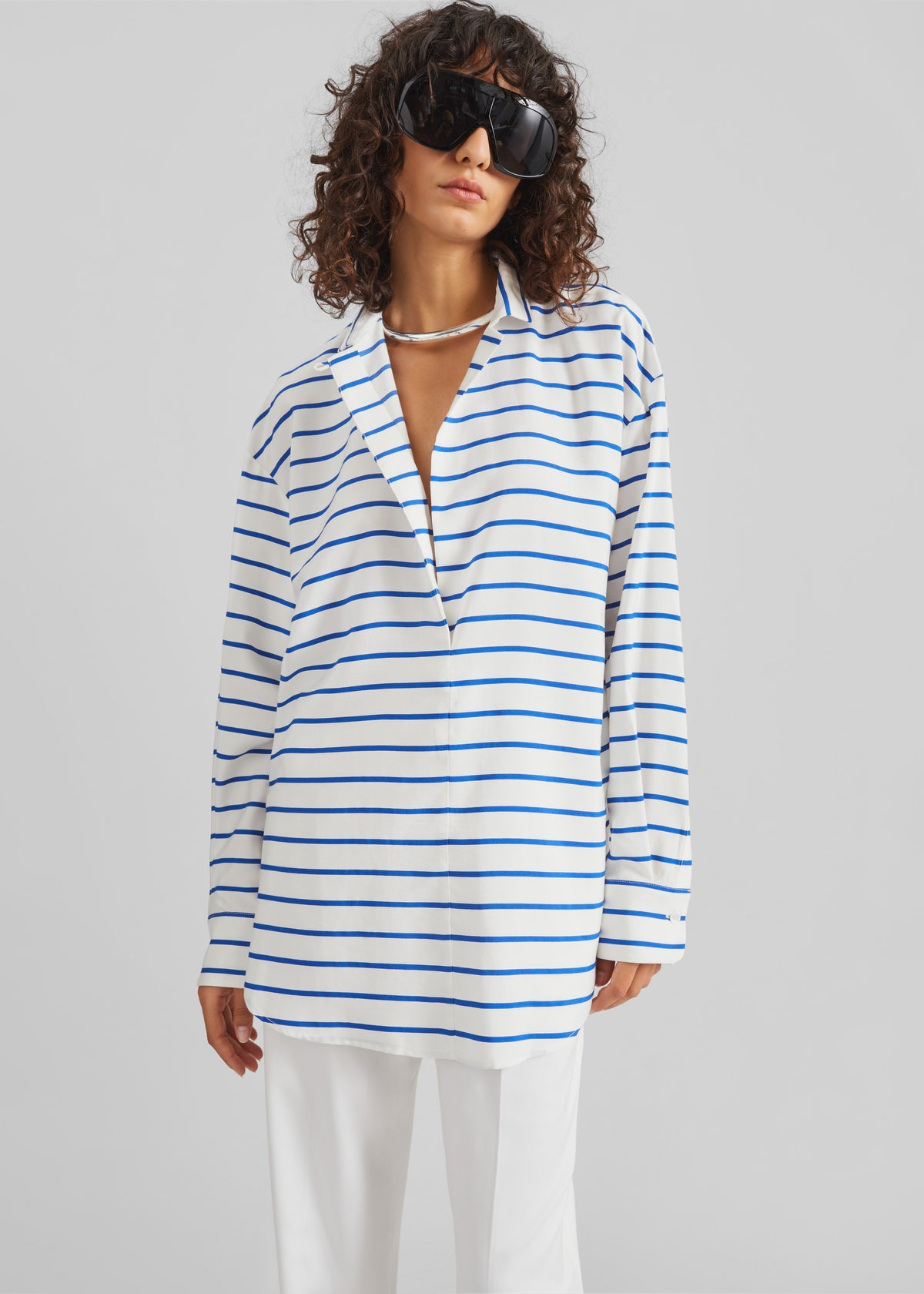 Picos Shirt Dress - White/Blue Stripe - 1