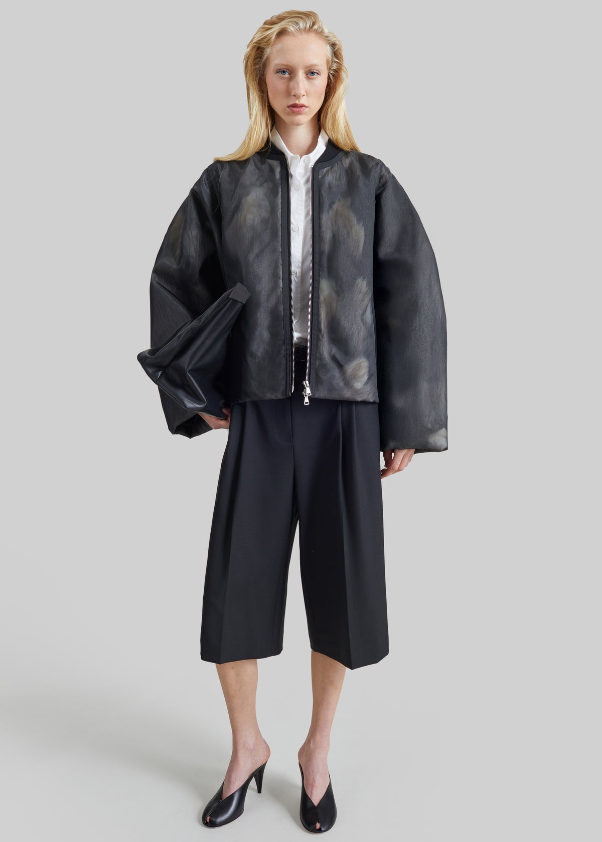 Shop the look image for Pietra Fur Mesh Bomber Jacket - Grey