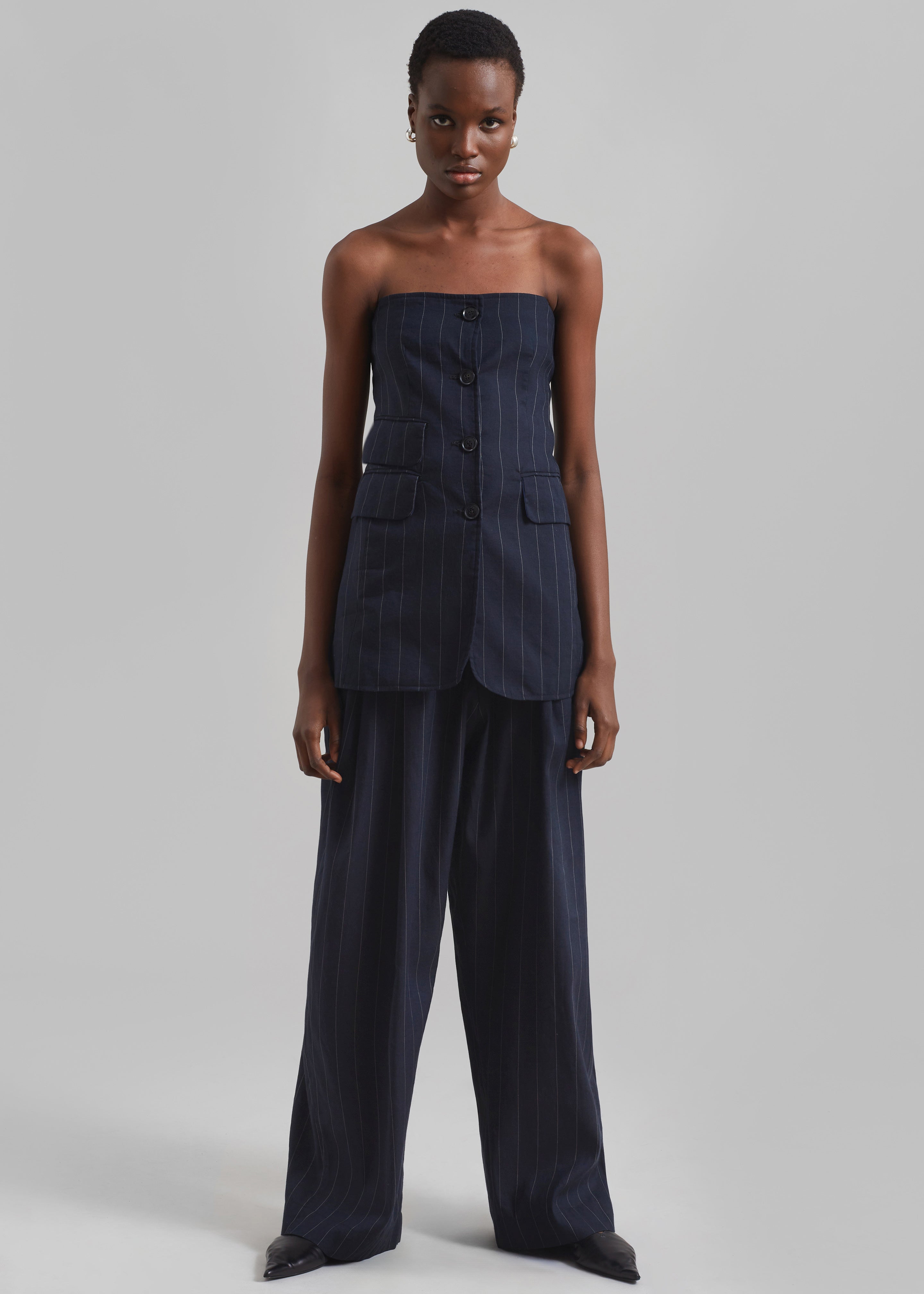 Piper Pleated Trousers - Navy/Beige Pinstripe