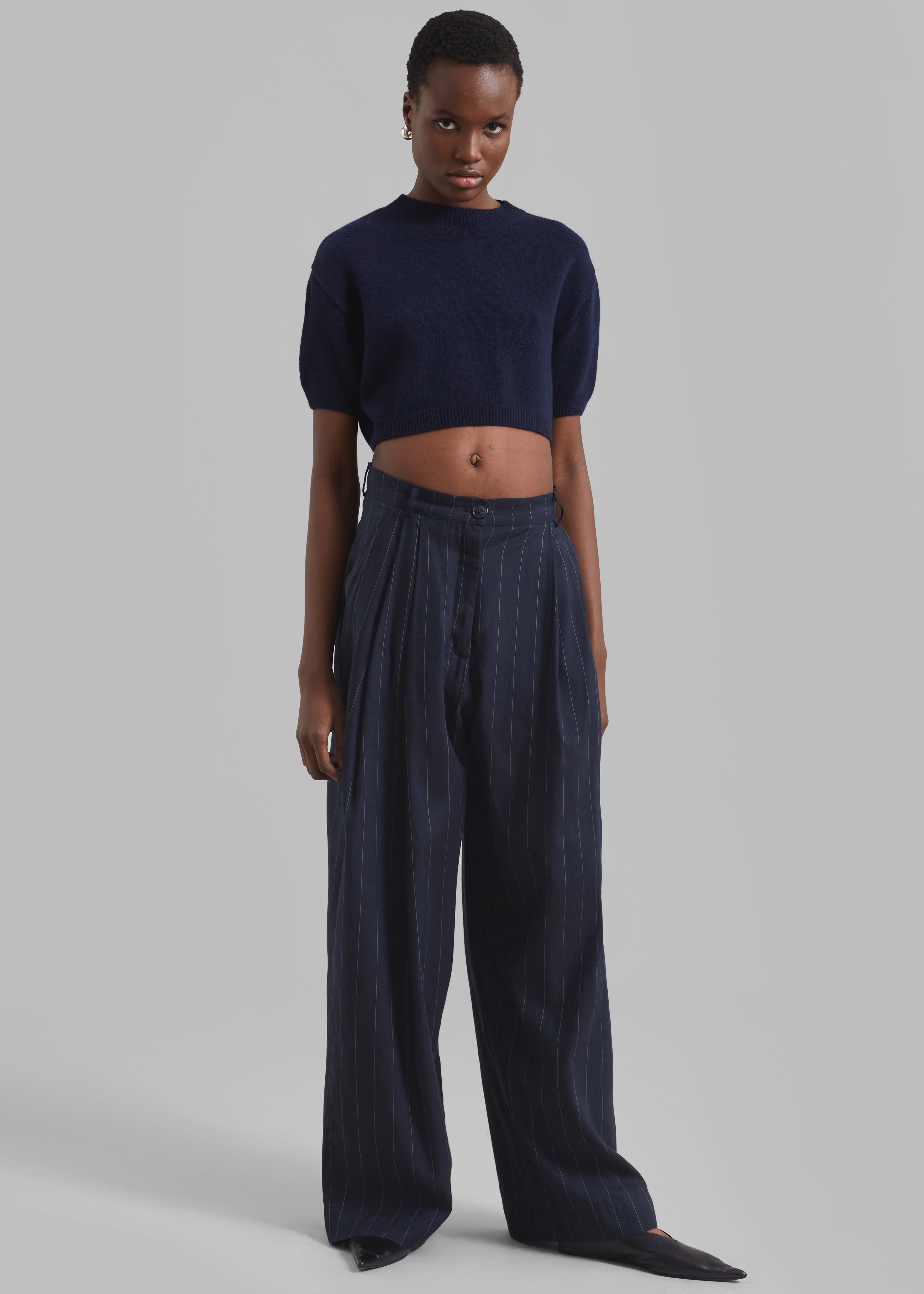 Piper Pleated Trousers - Navy/Beige Pinstripe