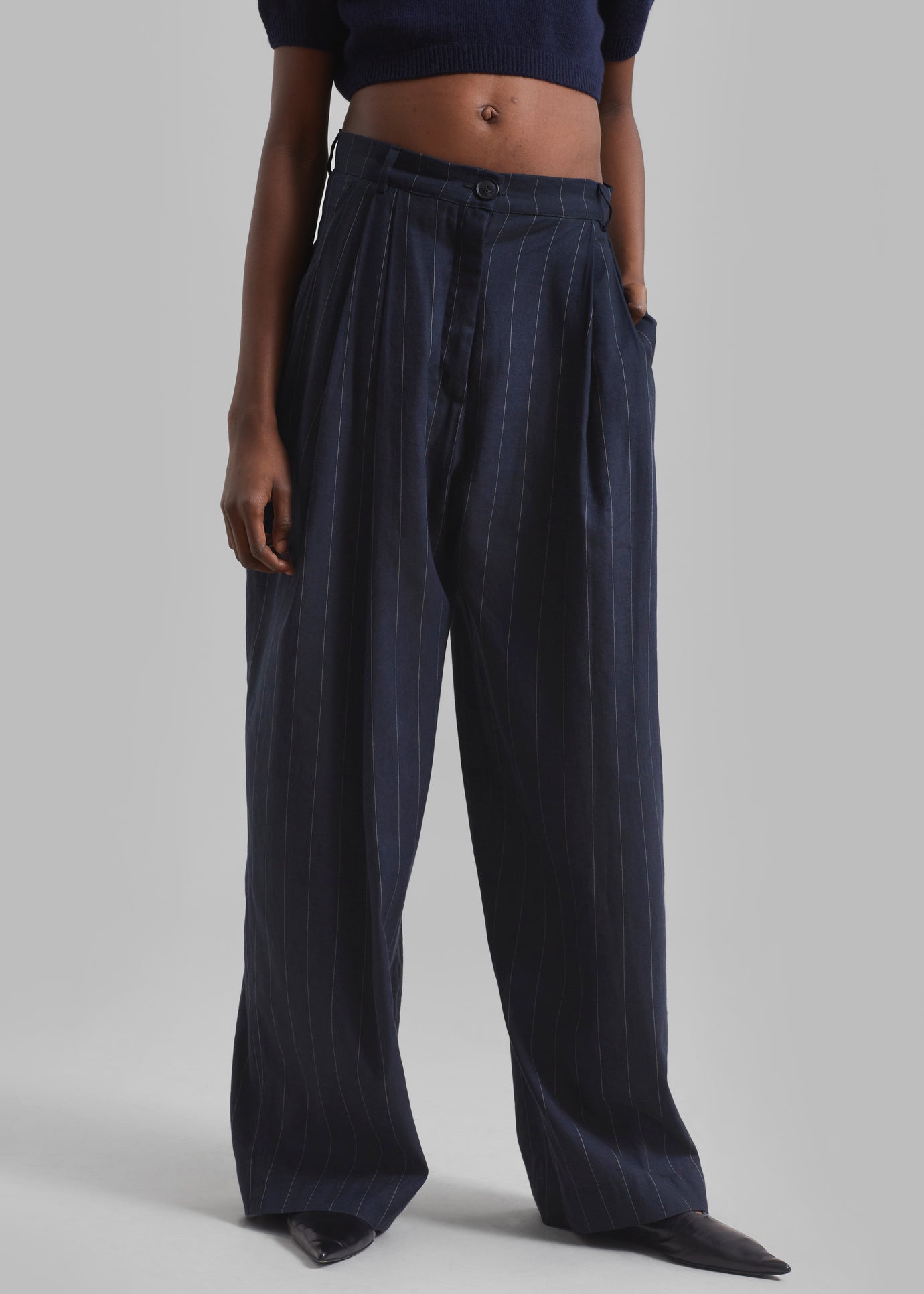 Piper Pleated Trousers - Navy/Beige Pinstripe - 1