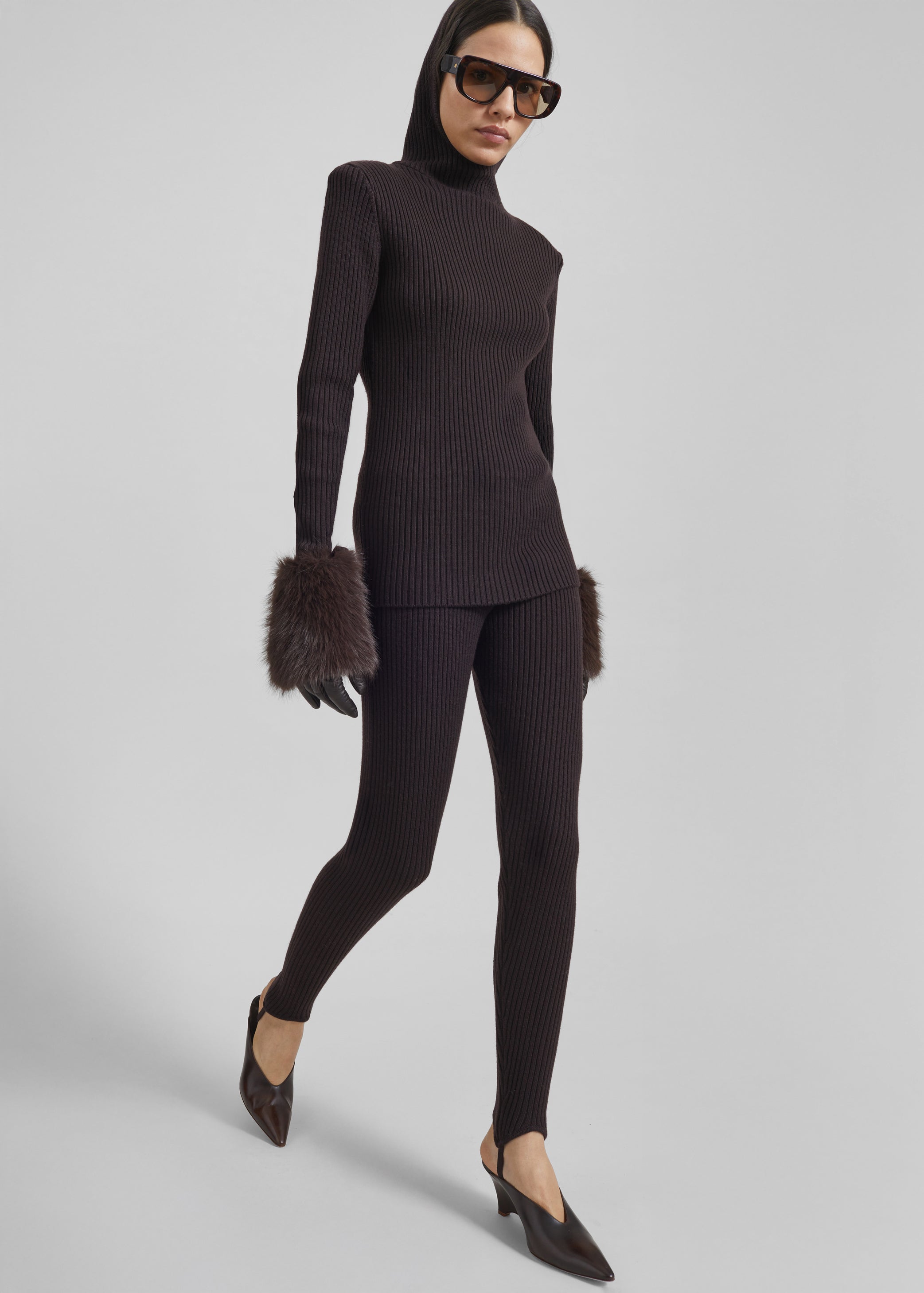 Shop the look image for Piuma Knit Stirrup Leggings - Brown