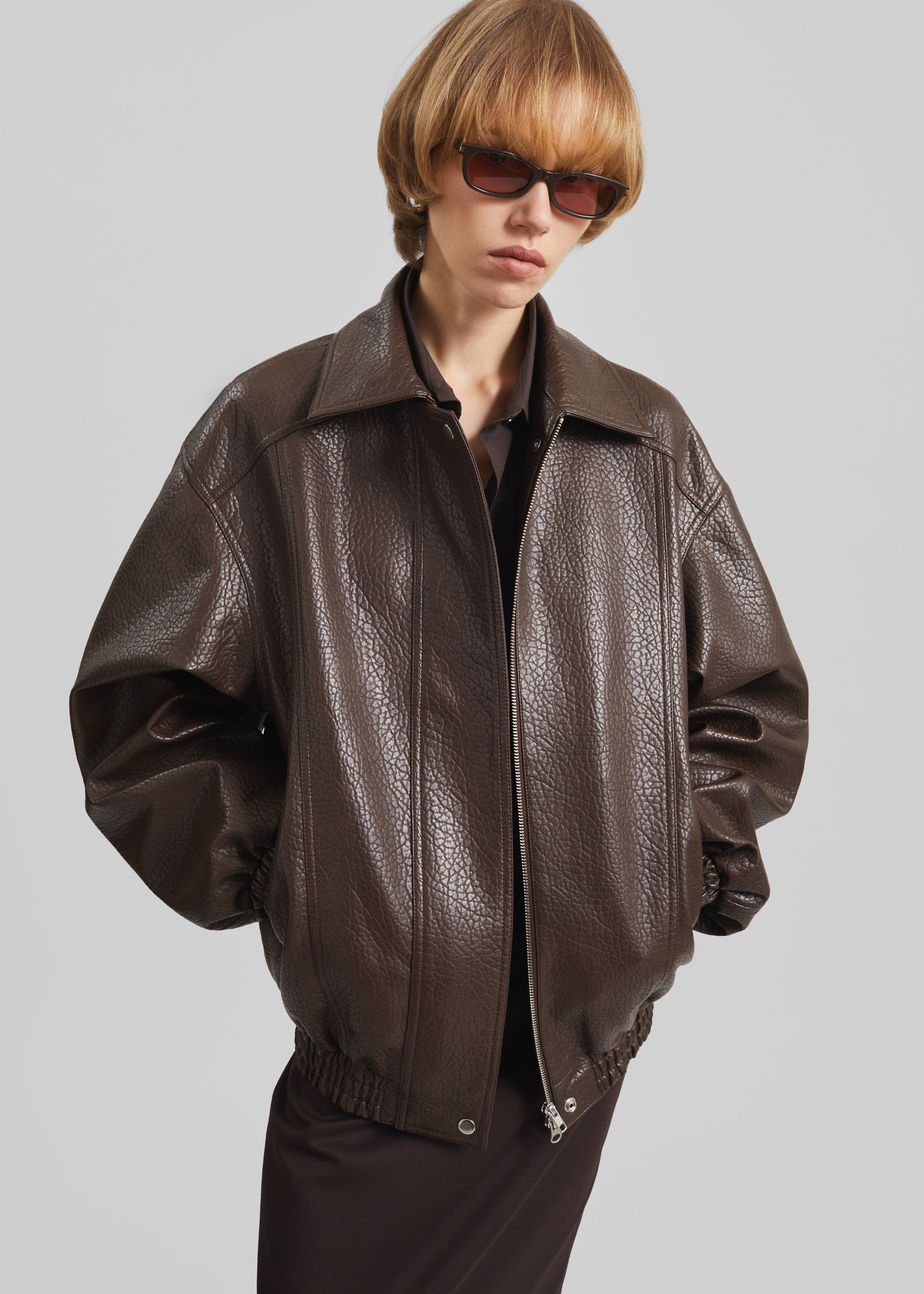 Prescott Grained Faux Leather Jacket - Brown - 1