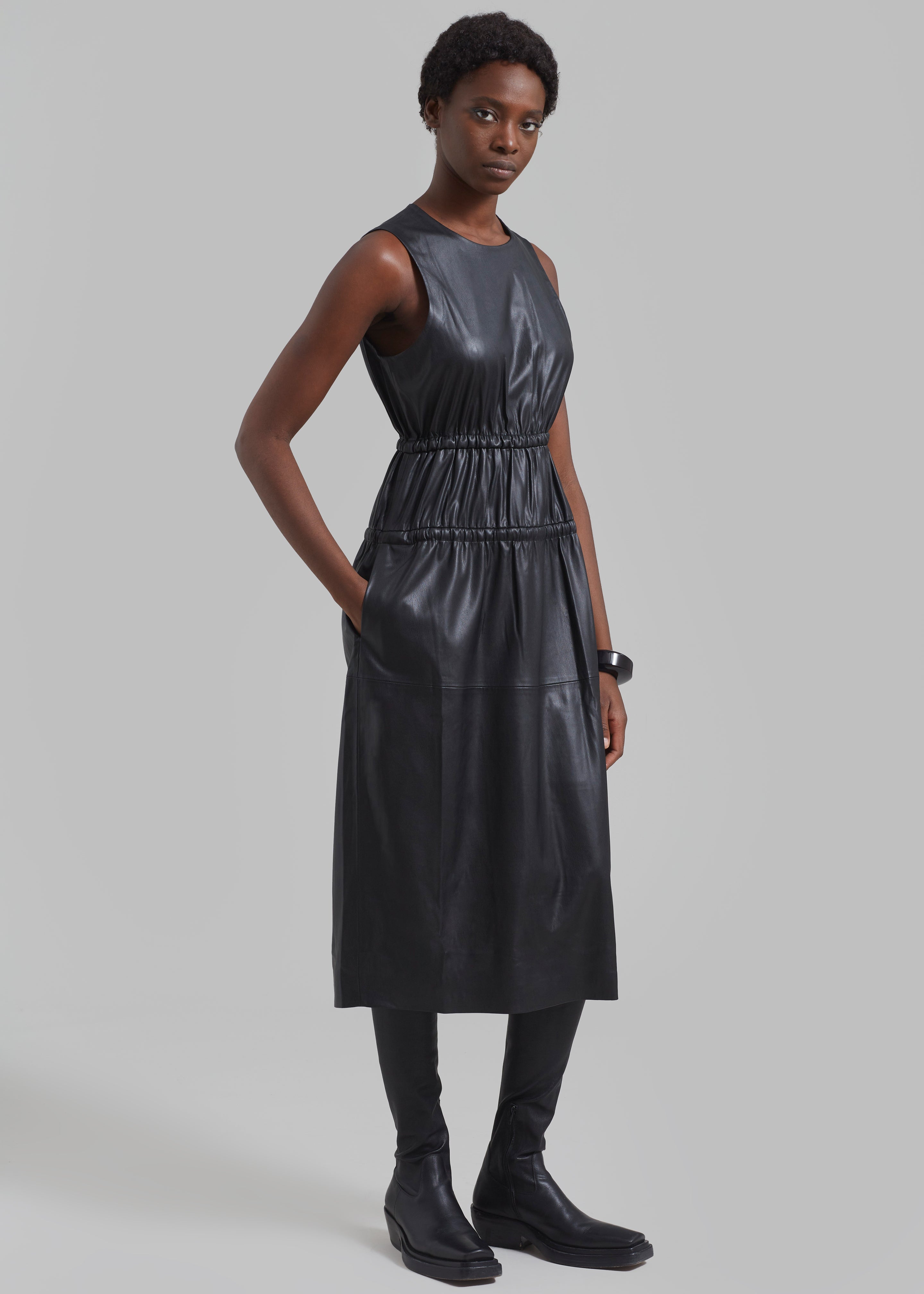 Proenza Schouler White Label Faux Leather Drawstring Dress - Black - 3