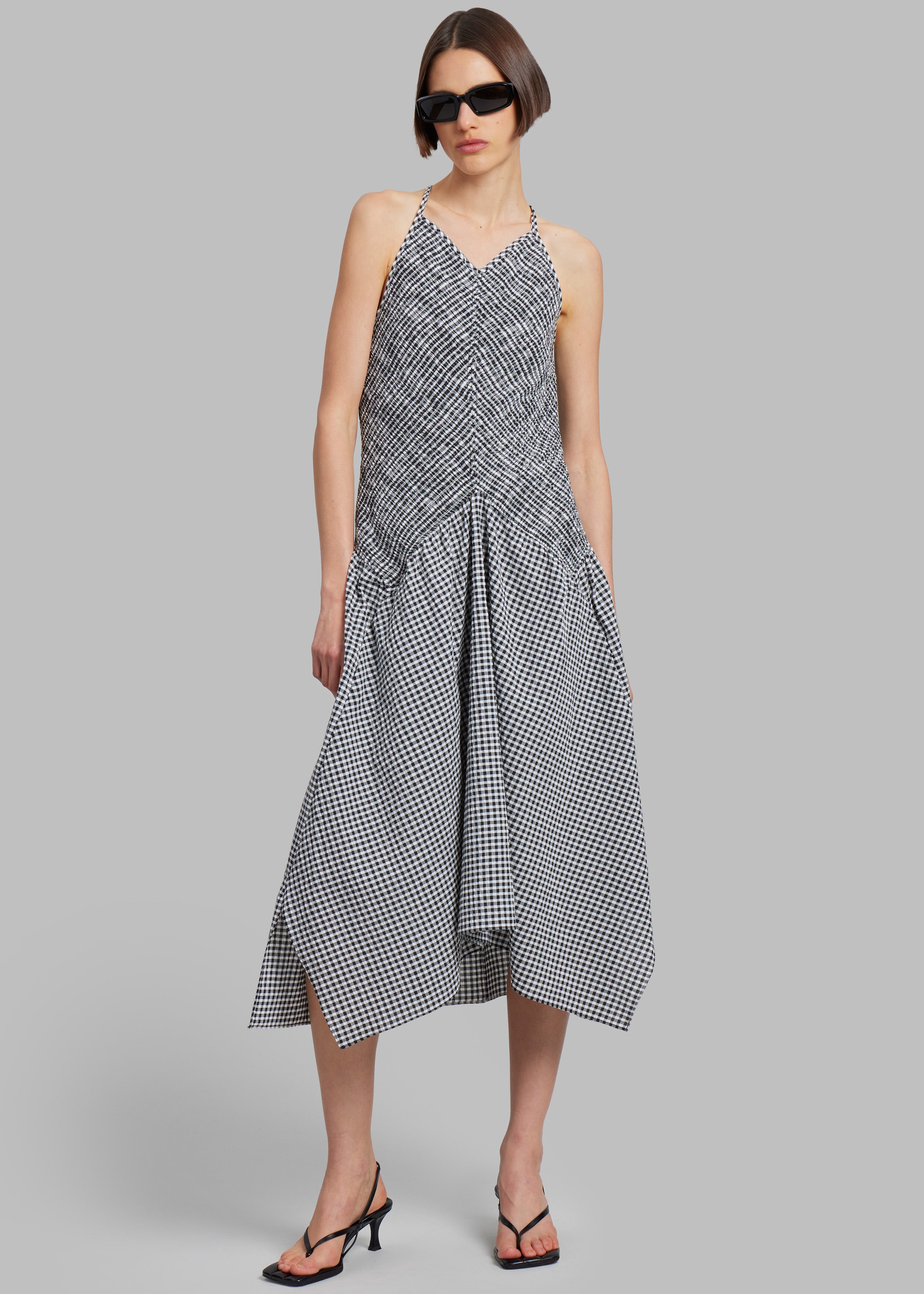 Proenza Schouler White Label Gingham Seersucker Smocked Dress White Black