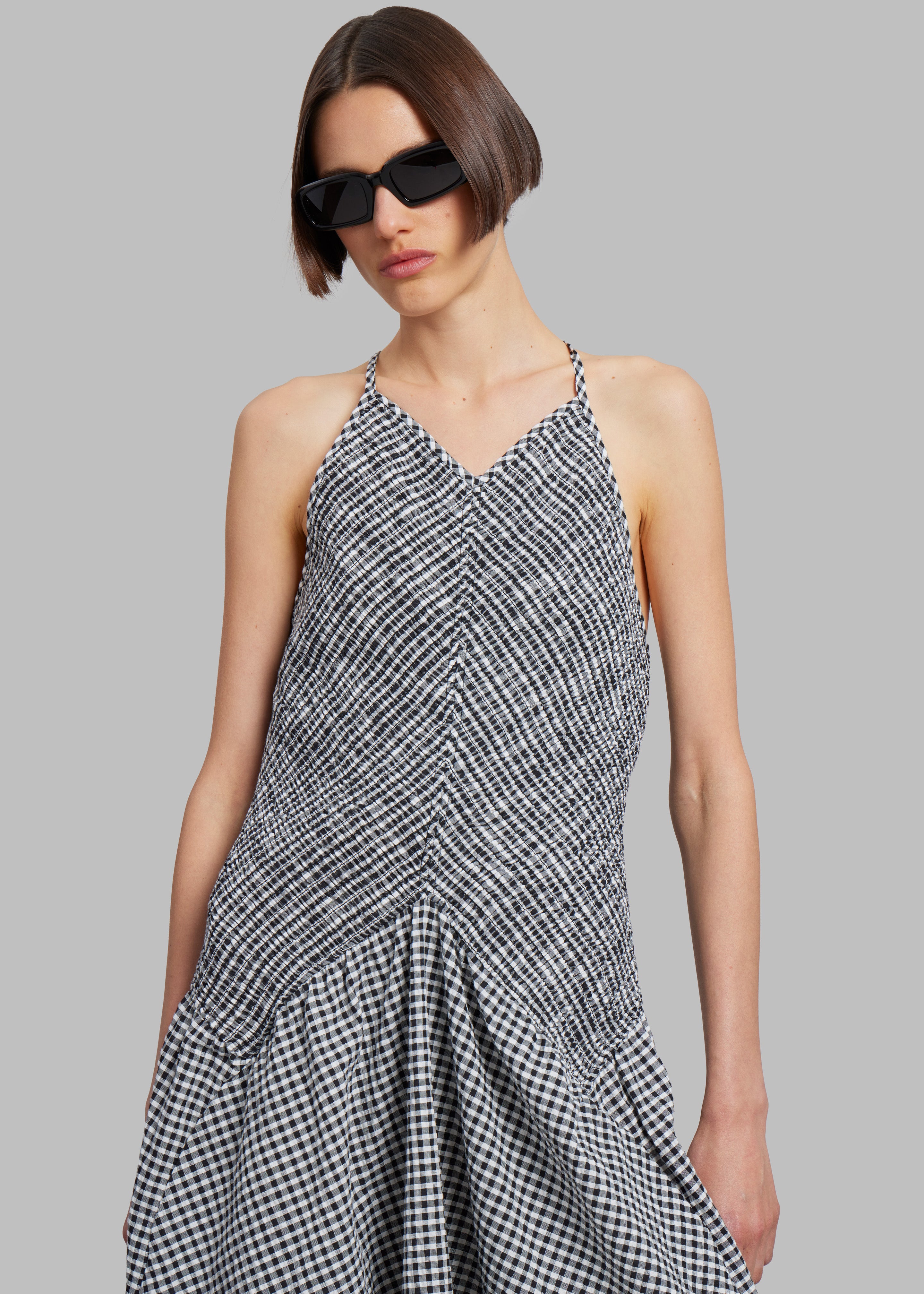 Proenza Schouler White Label Gingham Seersucker Smocked Dress White Black