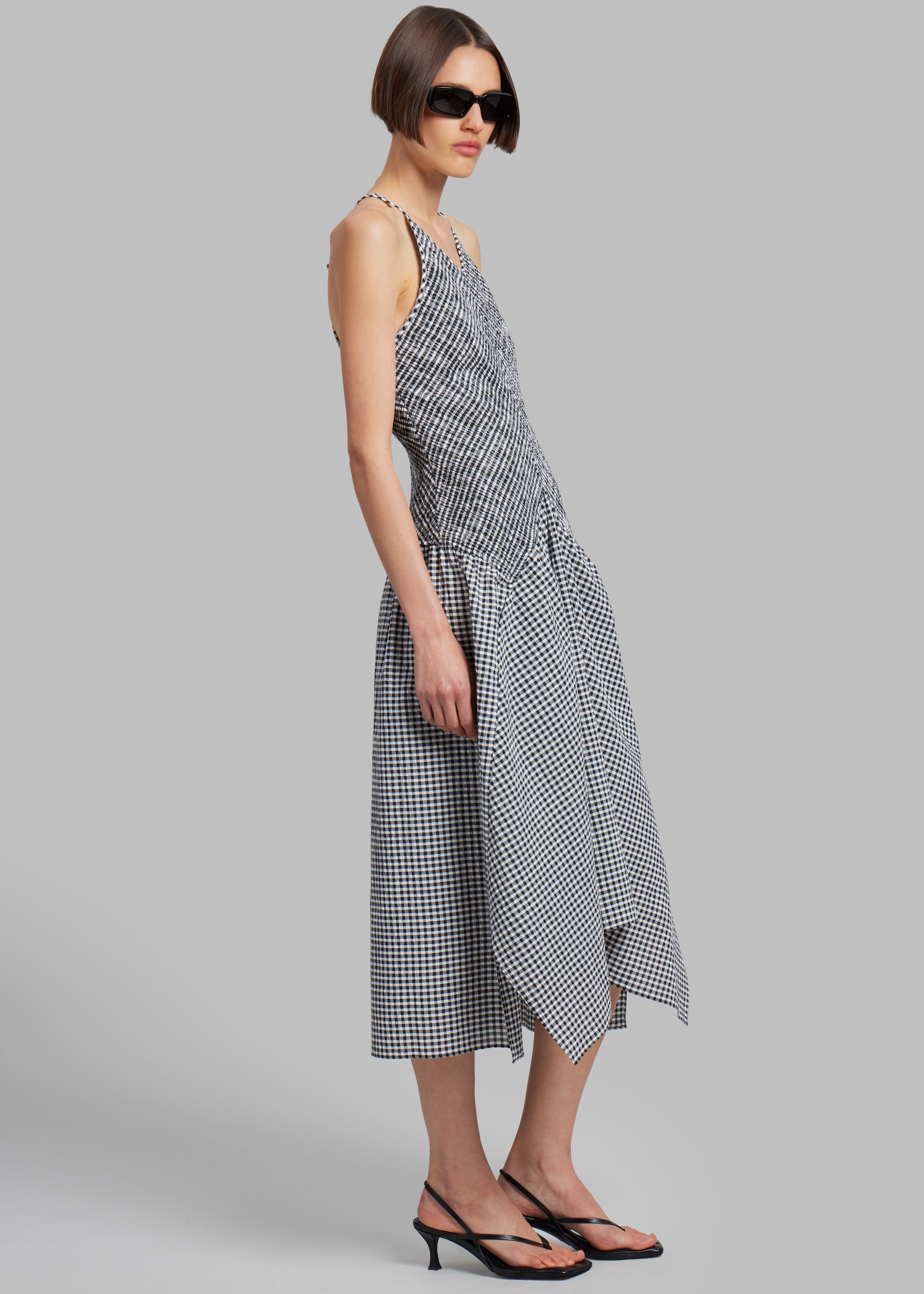 Proenza Schouler White Label Gingham Seersucker Smocked Dress White Black