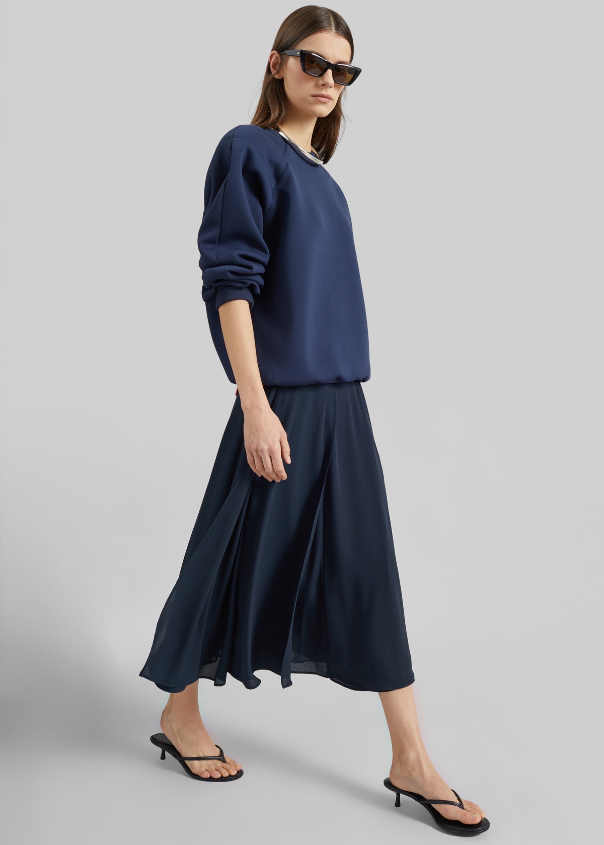 Provence Fluid A-Line Midi Skirt - Navy - 3