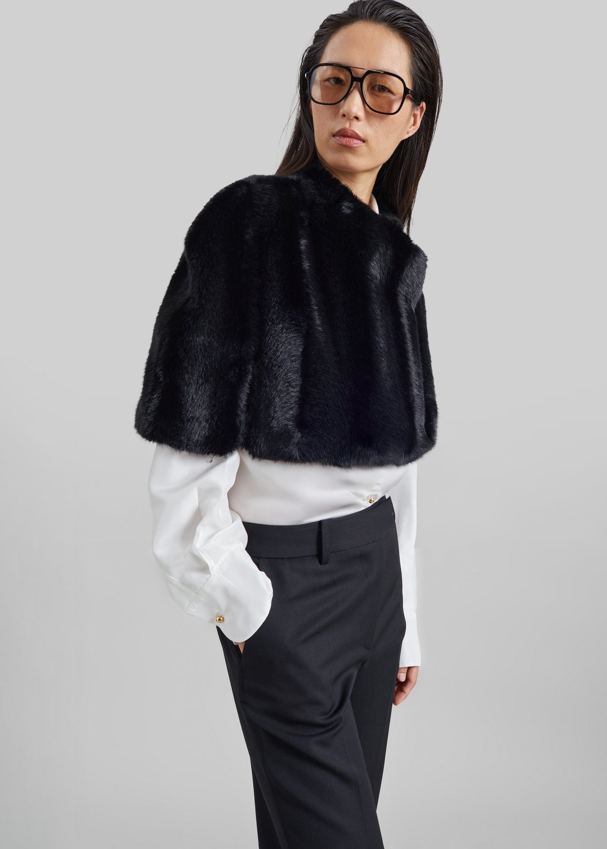 Prudence Faux Fur Cropped Cape - Black