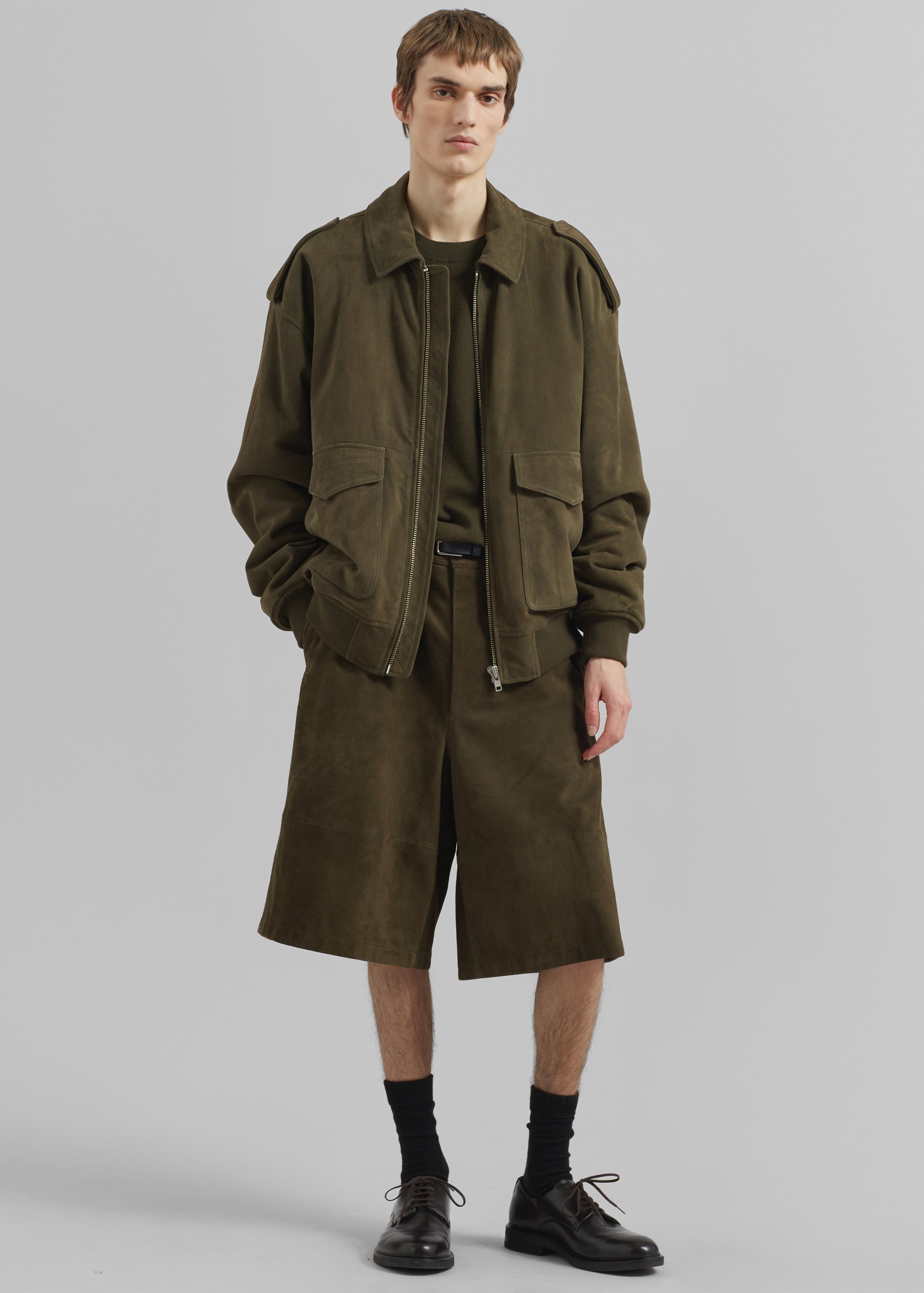 Shop the look image for Radlett Suede Bermuda Shorts - Khaki