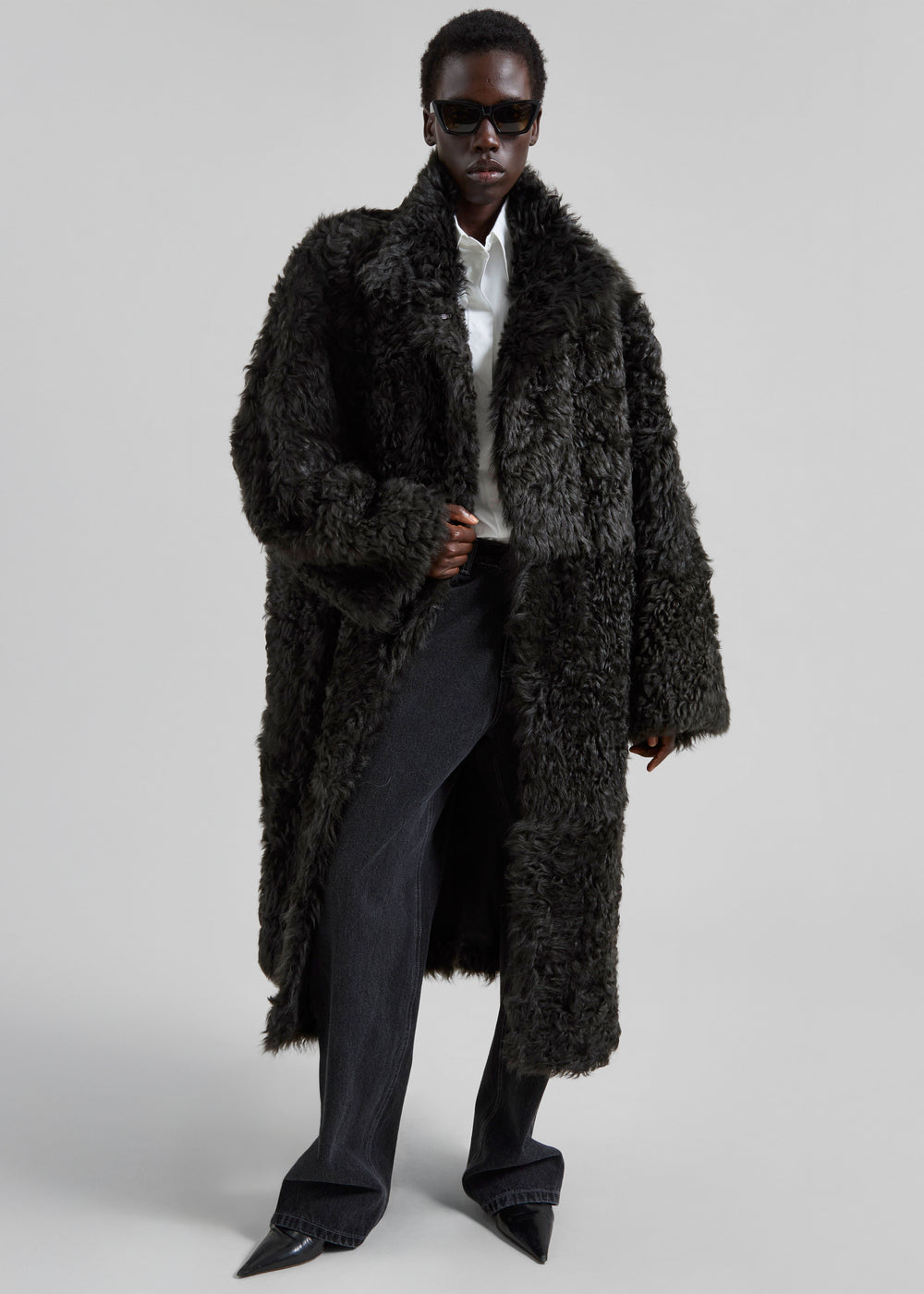 Remain Reversible Long Hair Shearling Coat - Tap Shoe Black