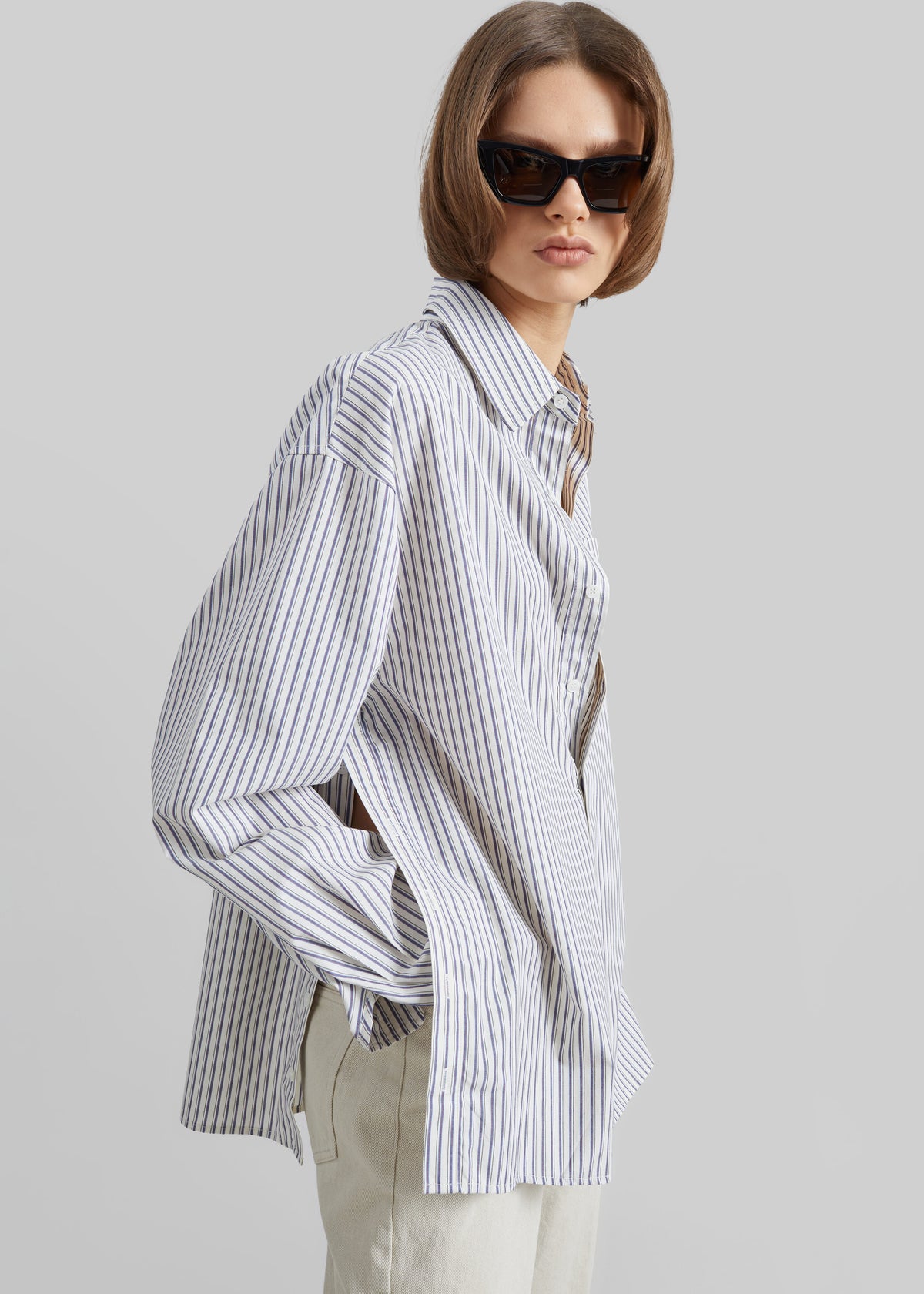 Rilly Adjustable Side Slit Shirt - Ivory Multi Stripe - 3