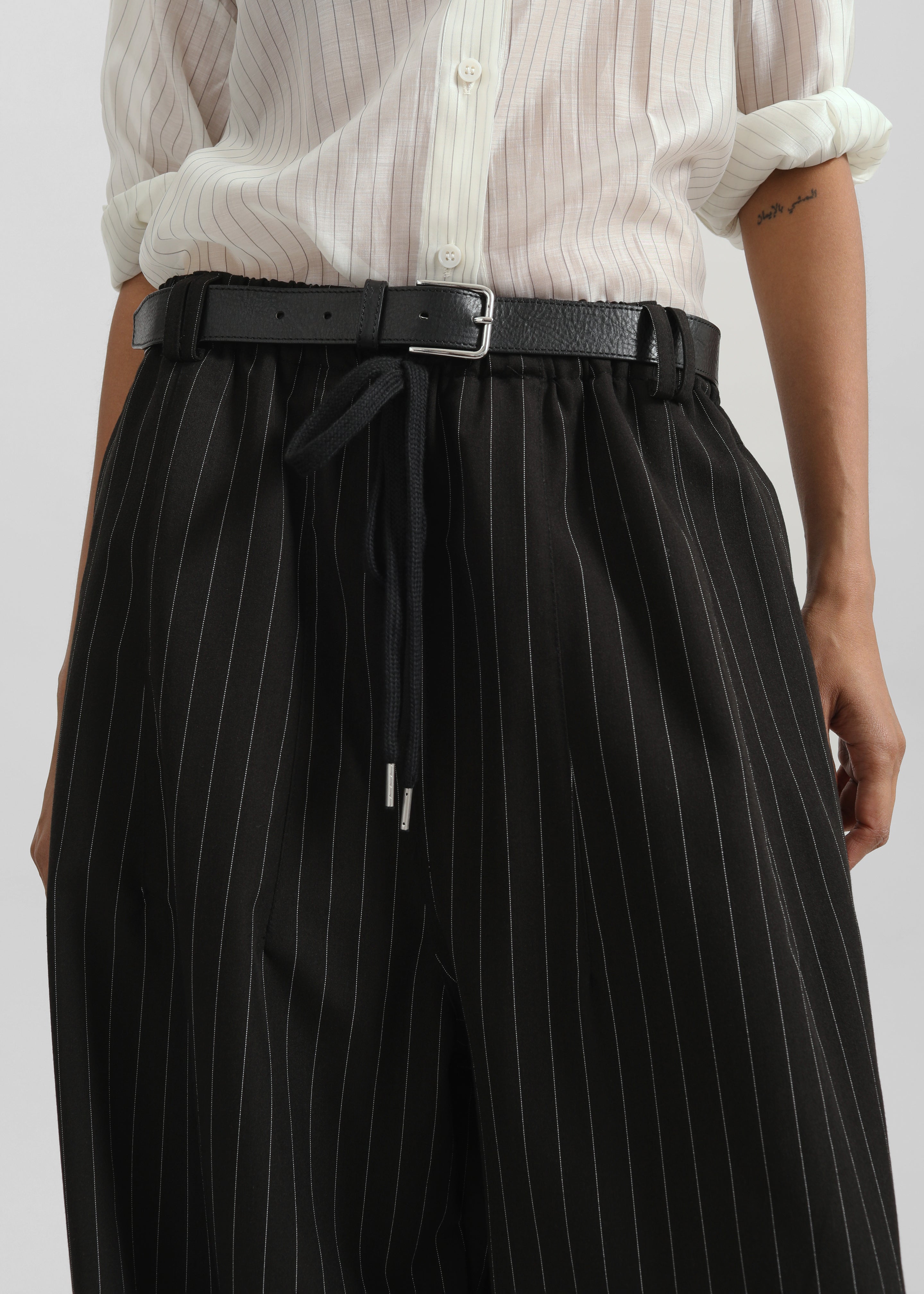 Rilton Drawstring Pants - Black/White Pinstripe - 4
