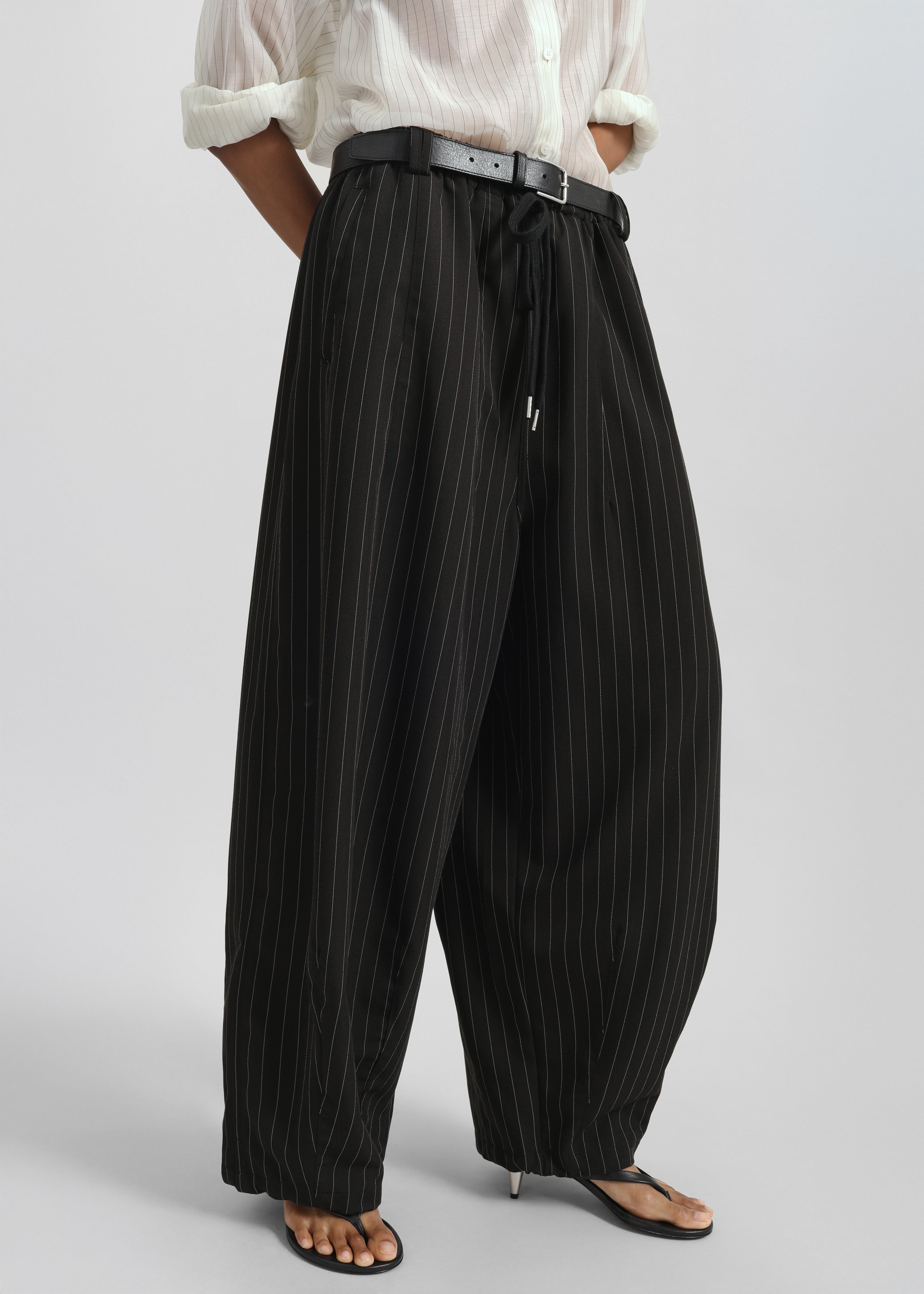 Rilton Drawstring Pants - Black/White Pinstripe - 2