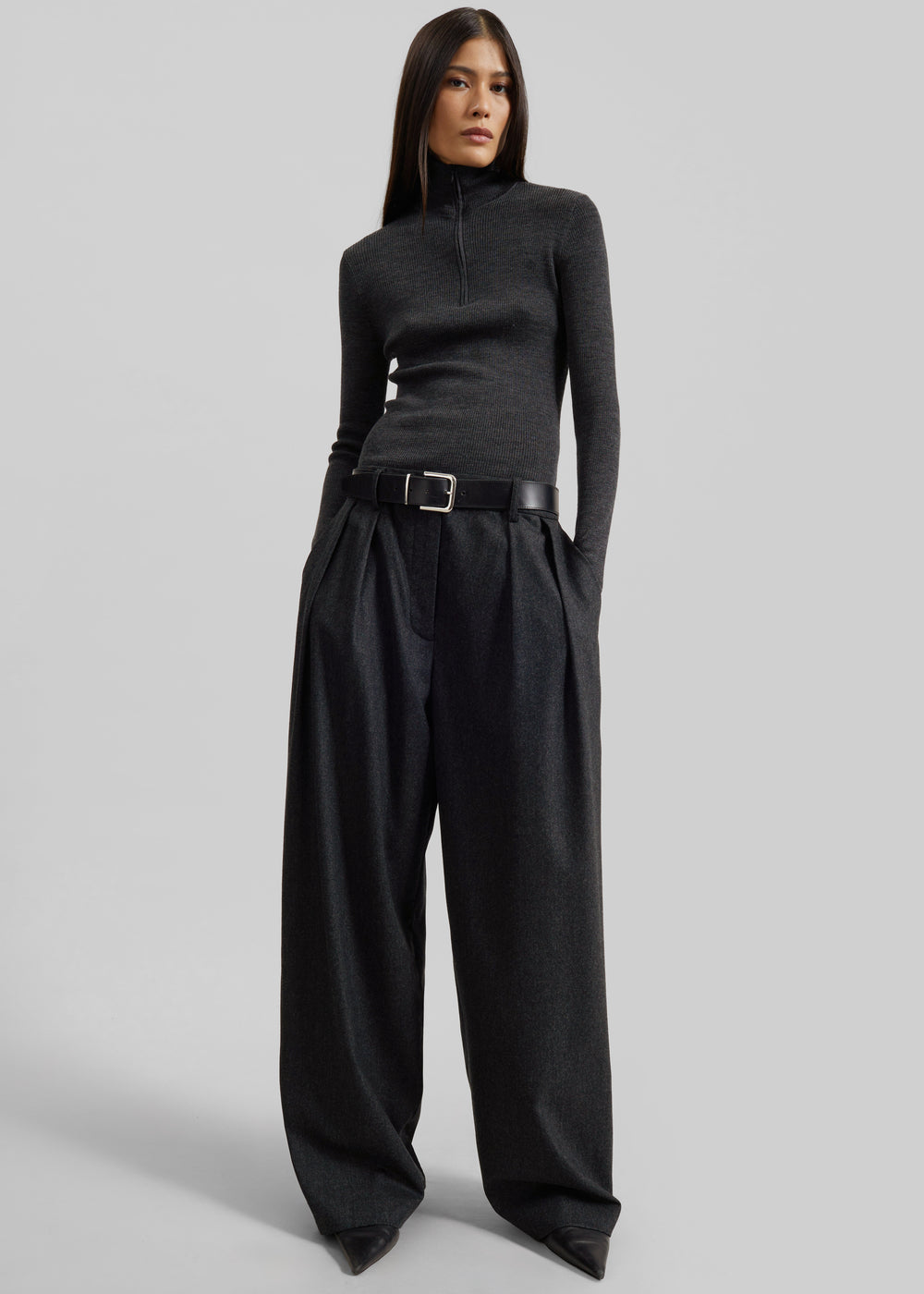 Ripley Flannel Pleated Trousers - Dark Grey