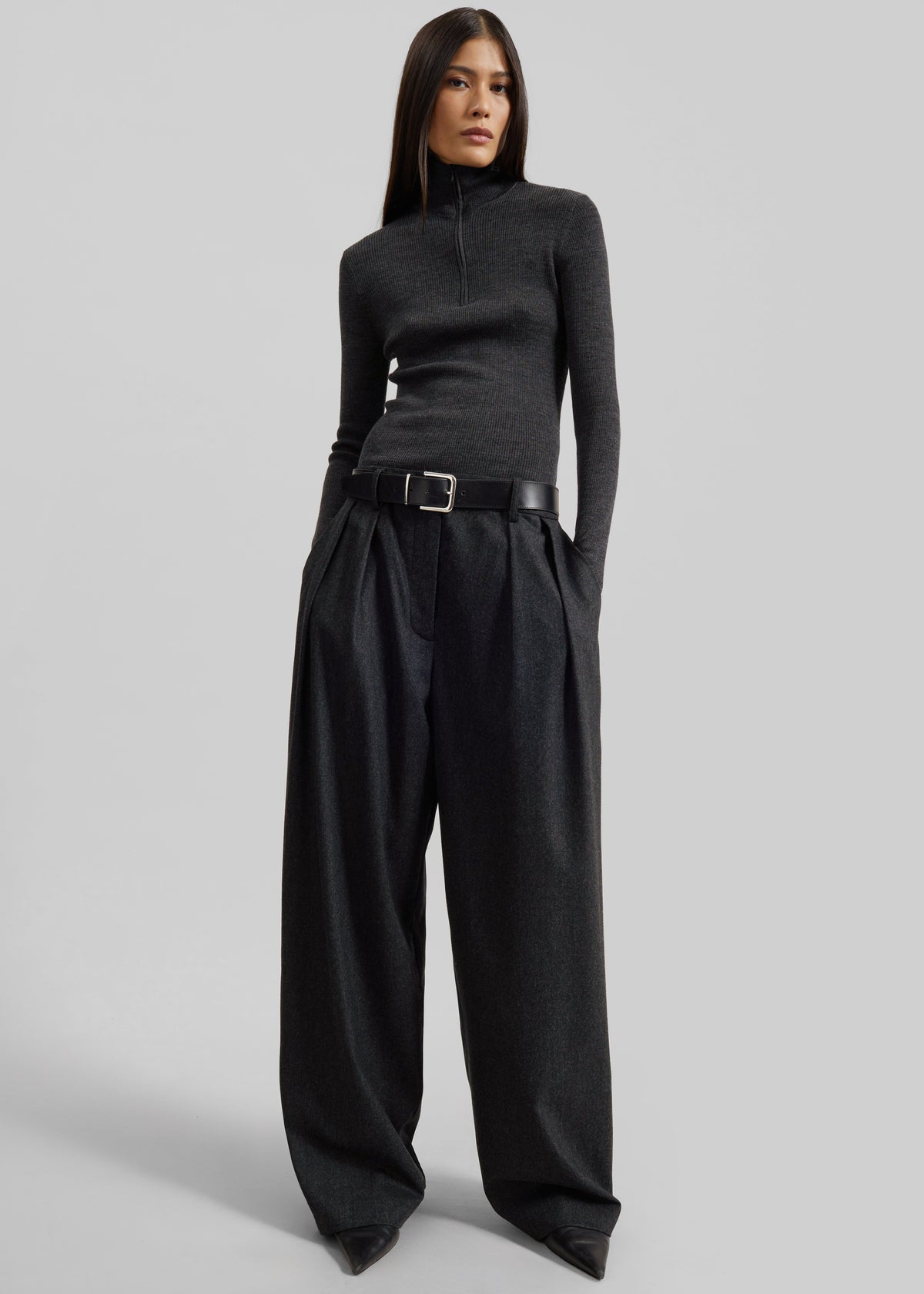 Ripley Flannel Pleated Trousers - Dark Grey - 1