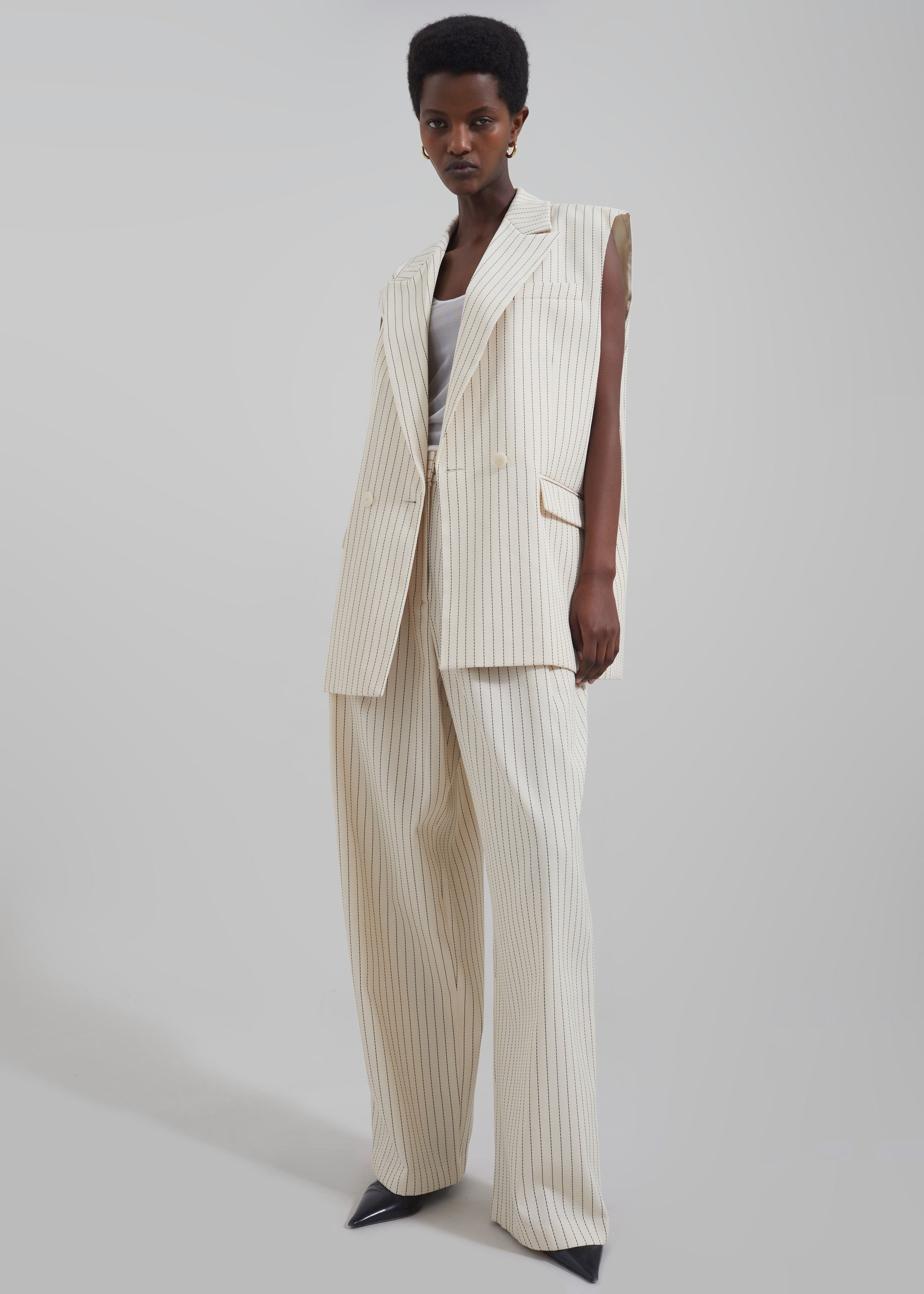 Shop the look image for Ripley Pleated Twill Trousers - Light Beige/Black Pinstripe