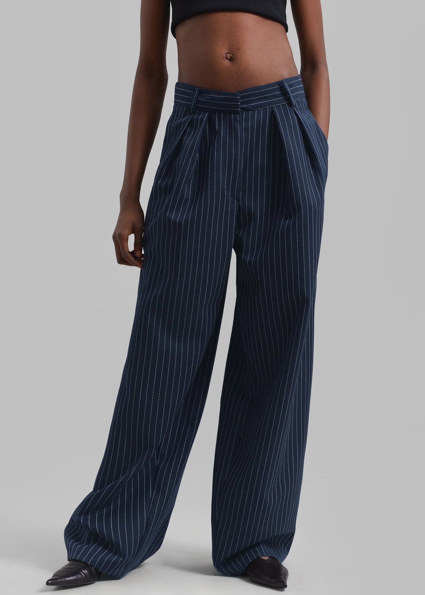 Ripley Pleated Twill Trousers - Navy/White Pinstripe - 1