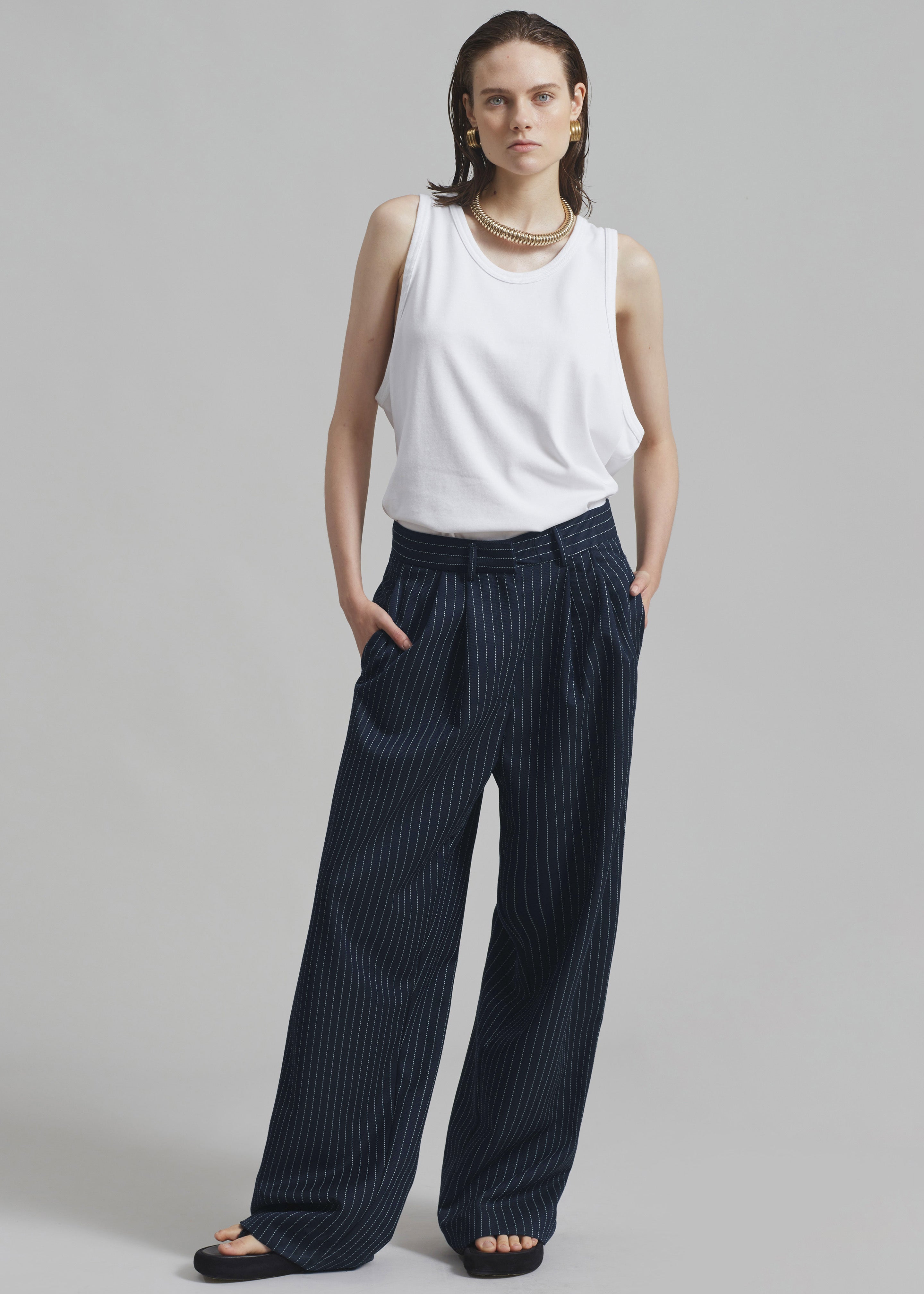 Ripley Pleated Twill Trousers - Navy/White Pinstripe - 4
