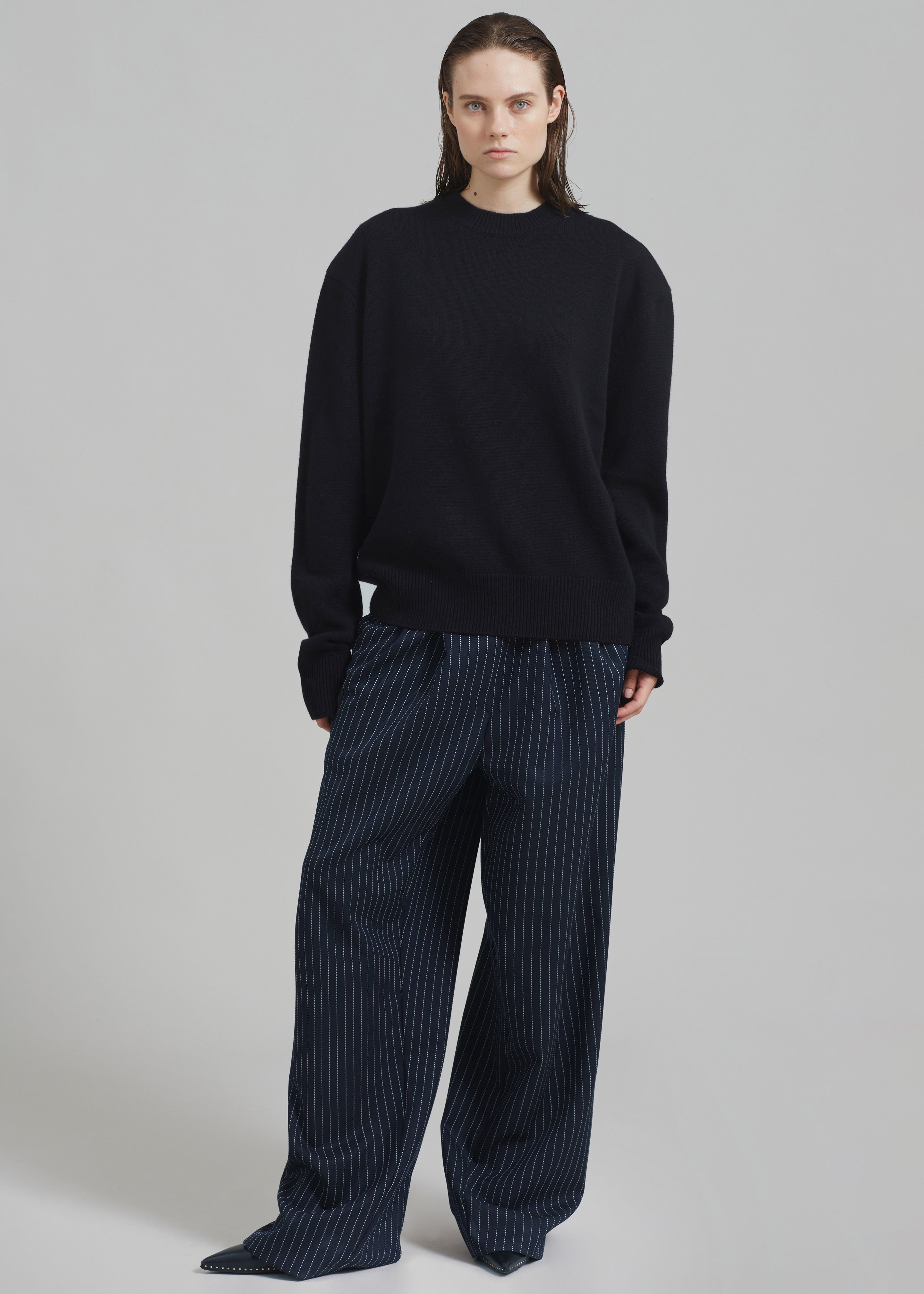 Ripley Pleated Twill Trousers - Navy/White Pinstripe - 8