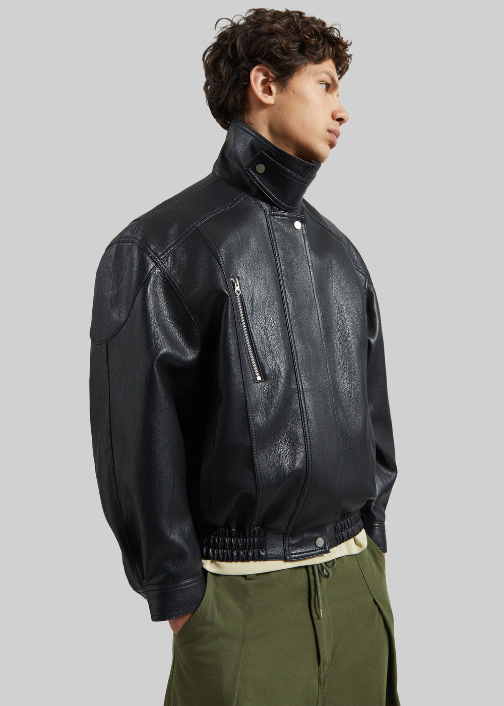 Risle Faux Leather Bomber Jacket - Black