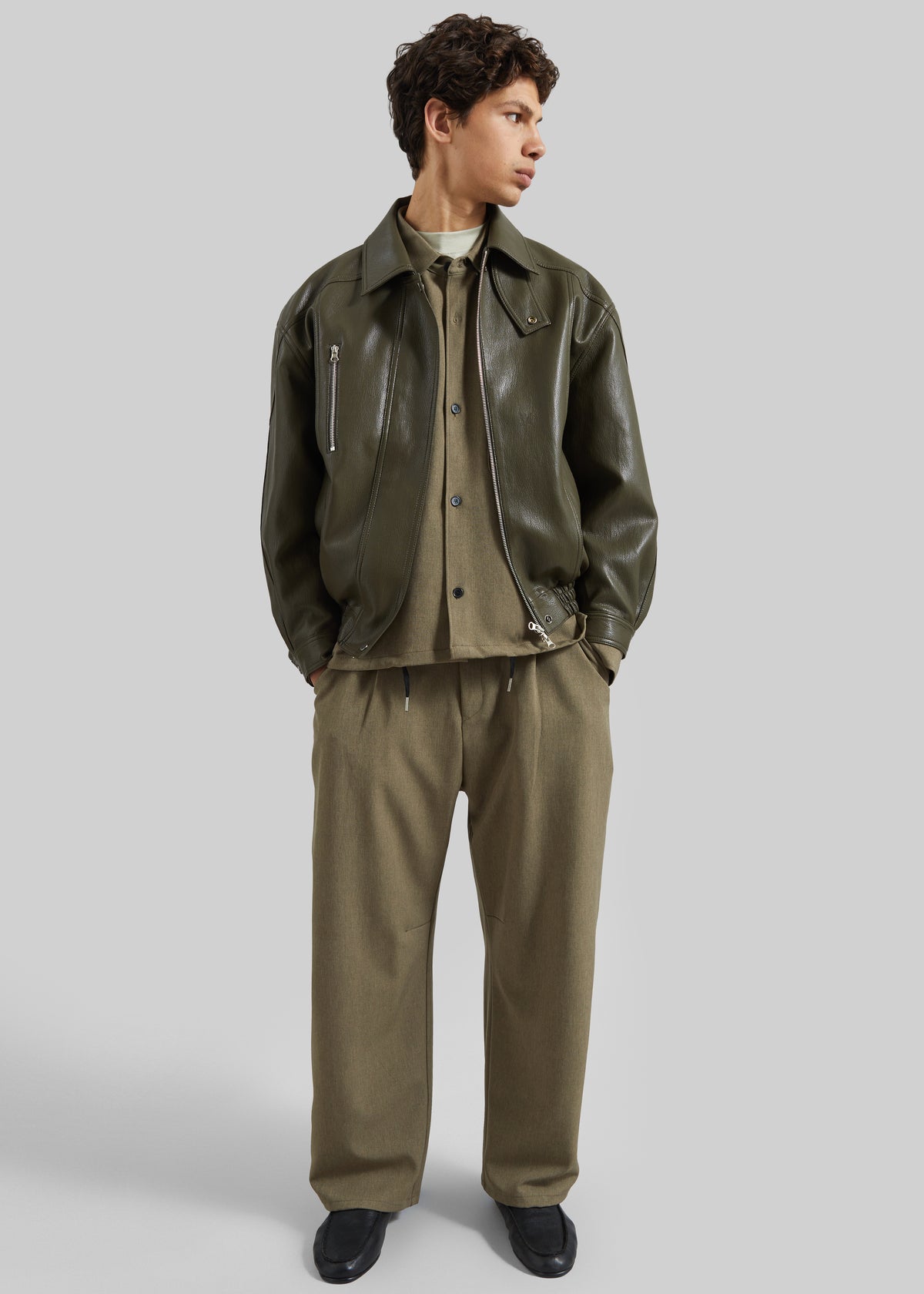 Risle Faux Leather Bomber Jacket - Olive