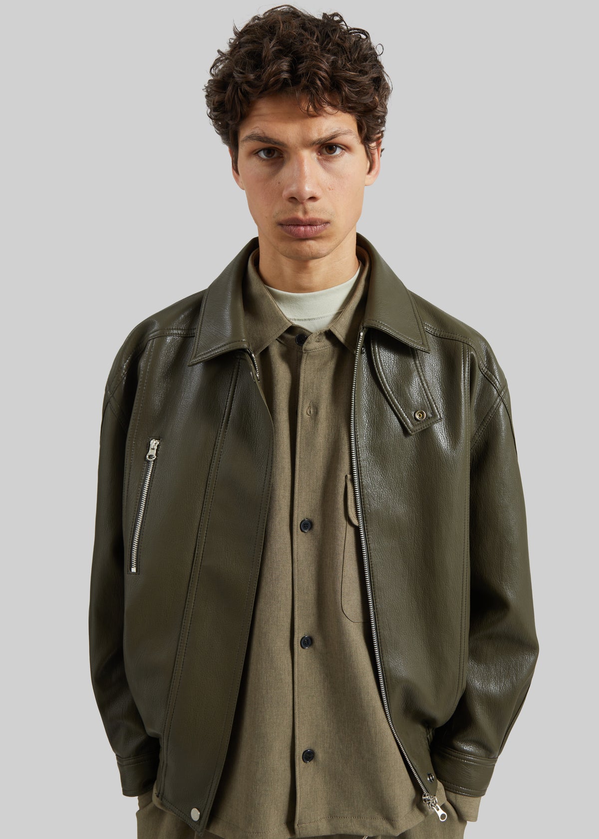 Risle Faux Leather Bomber Jacket - Olive